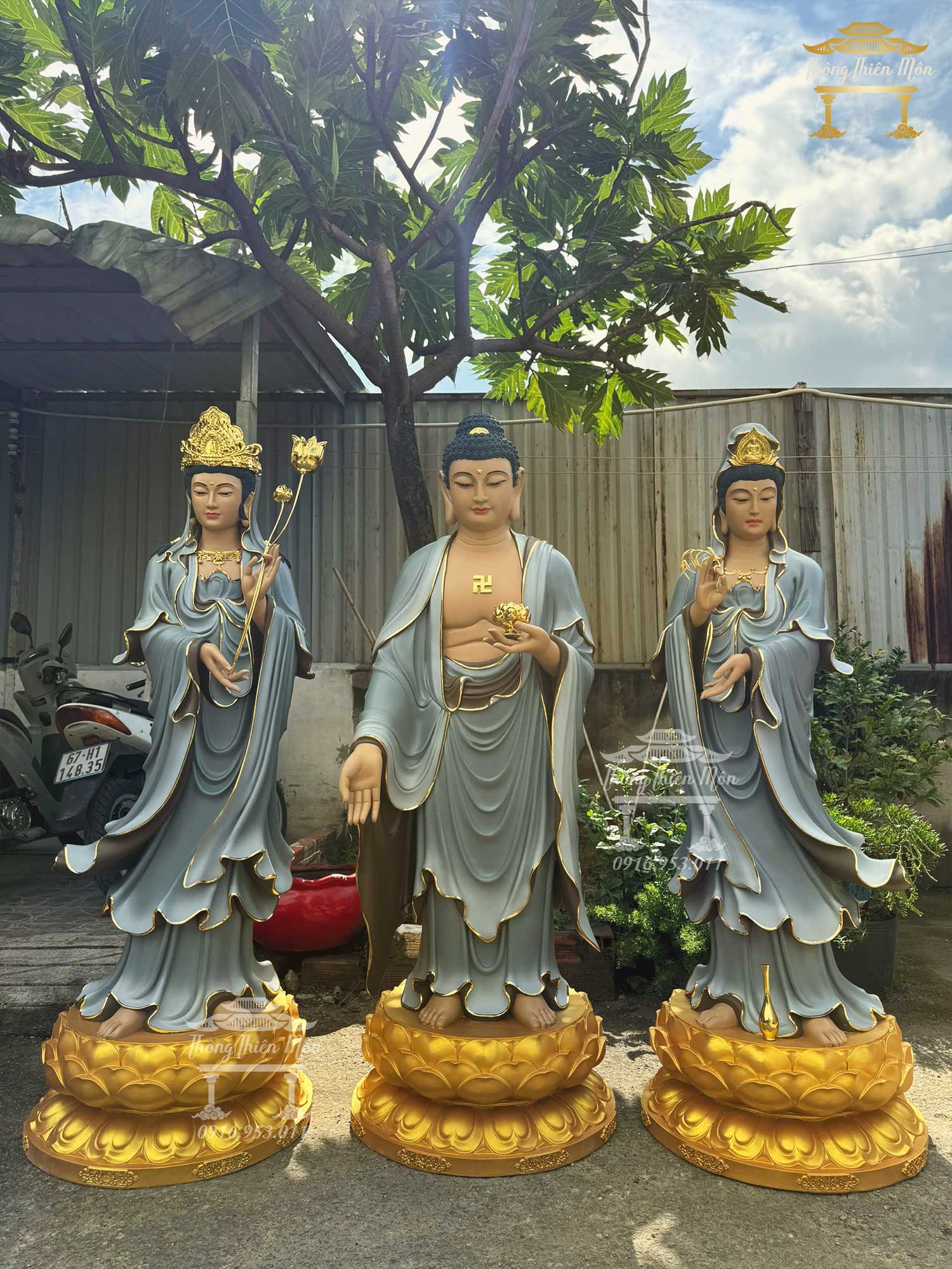Tôn tượng Tây Phương Tam Thánh, Kích thước 150cm, Màu xám xanh