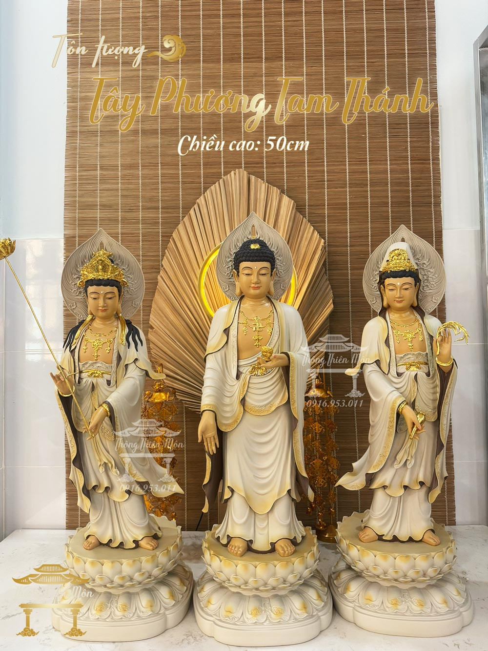 Tôn tượng Tây Phương Tam Thánh - Cao 70cm - Màu xám - Viền vàng