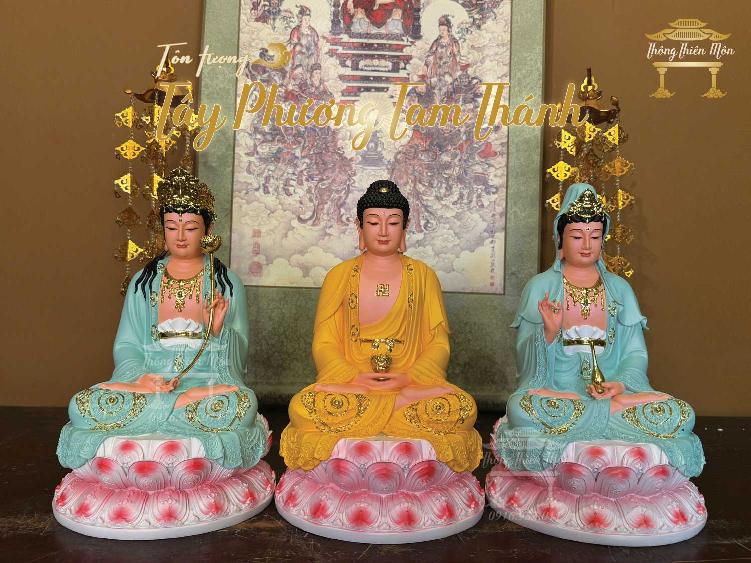 Tôn tượng Tây Phương Tam Thánh ngồi, Kích thước 30cm, Phối màu