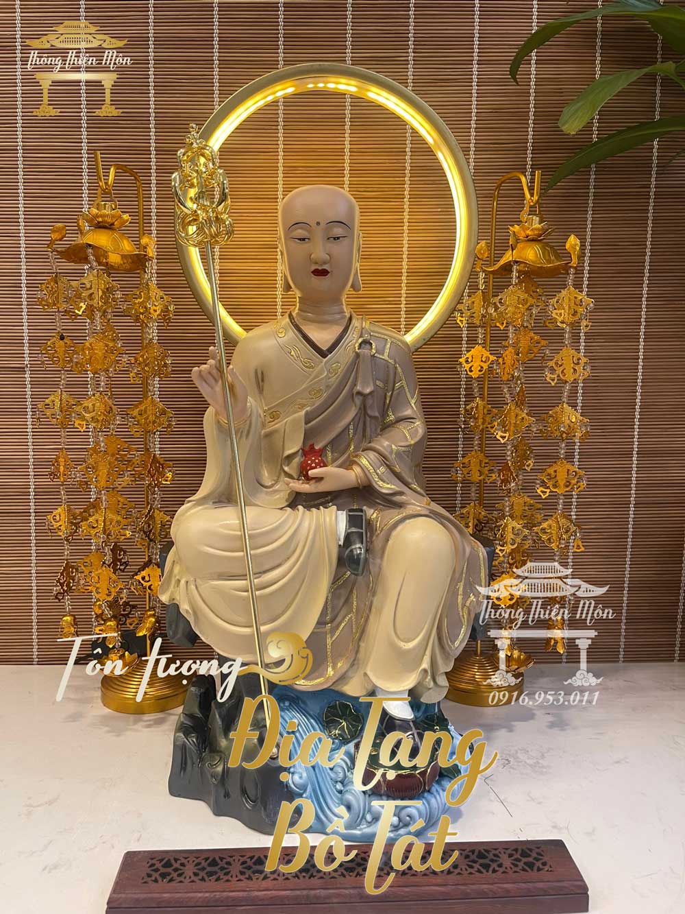 Tượng Địa Tạng Bồ Tát - 40cm - ngồi đá tự tại - màu khoáng