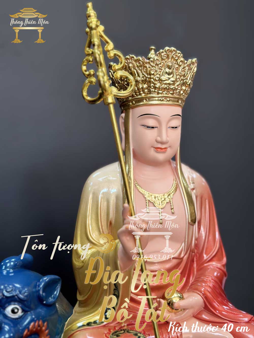 Tượng Địa Tạng Bồ Tát - 40cm - đế thính - mạ vàng chi tiết, vẽ gấm