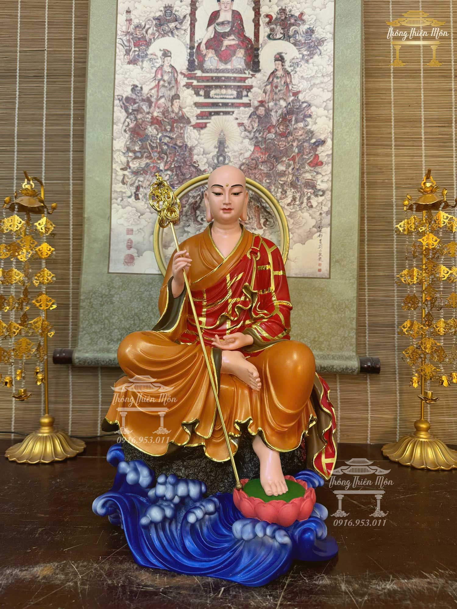 Tôn tượng Địa Tạng Tự Tại Bồ Tát, Kích thước 45cm, Màu cam đỏ