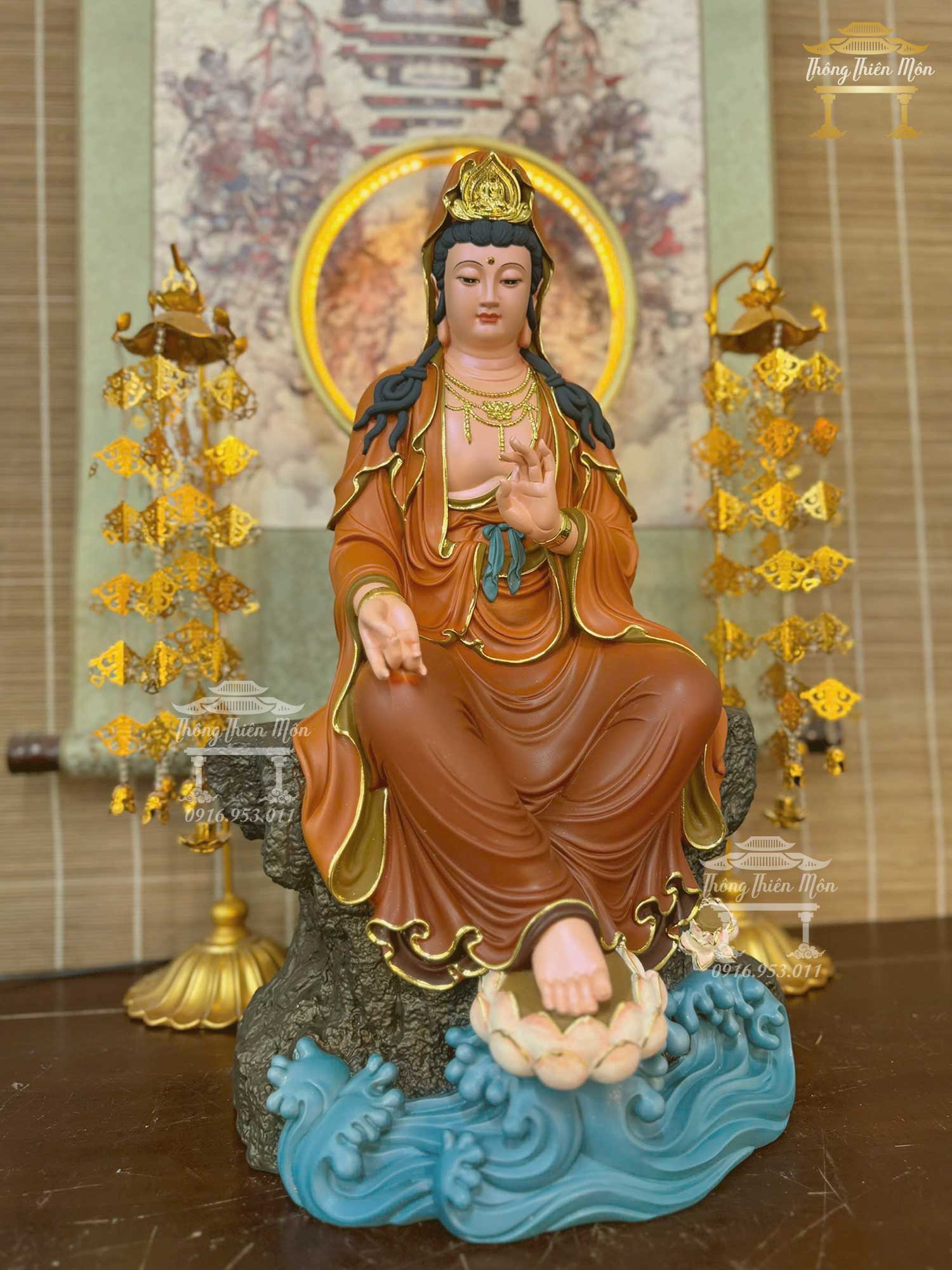Tôn tượng Quan Âm Tự Tại Bồ Tát, Kích thước 48cm, Sơn phối cam đất
