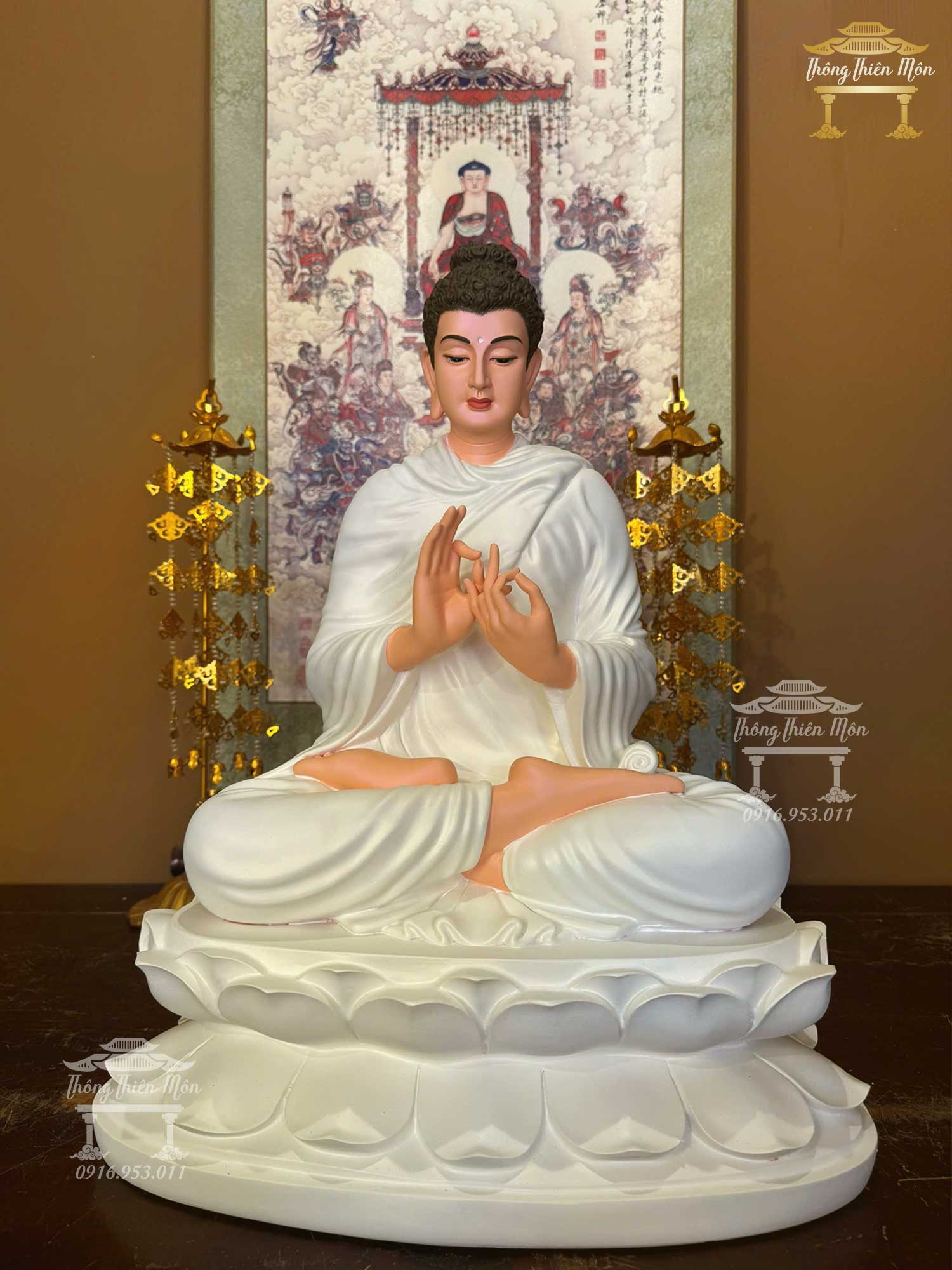 Tôn tượng Bổn Sư Ấn Chuyển Pháp Luân, Kích thước 50cm, Màu trắng