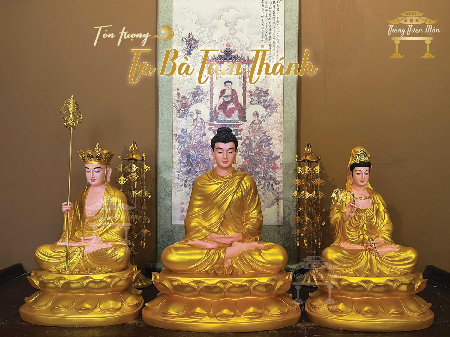 Tôn tượng Ta Bà Tam Thánh, Kích thước 45cm-50cm-45cm, Nhũ vàng