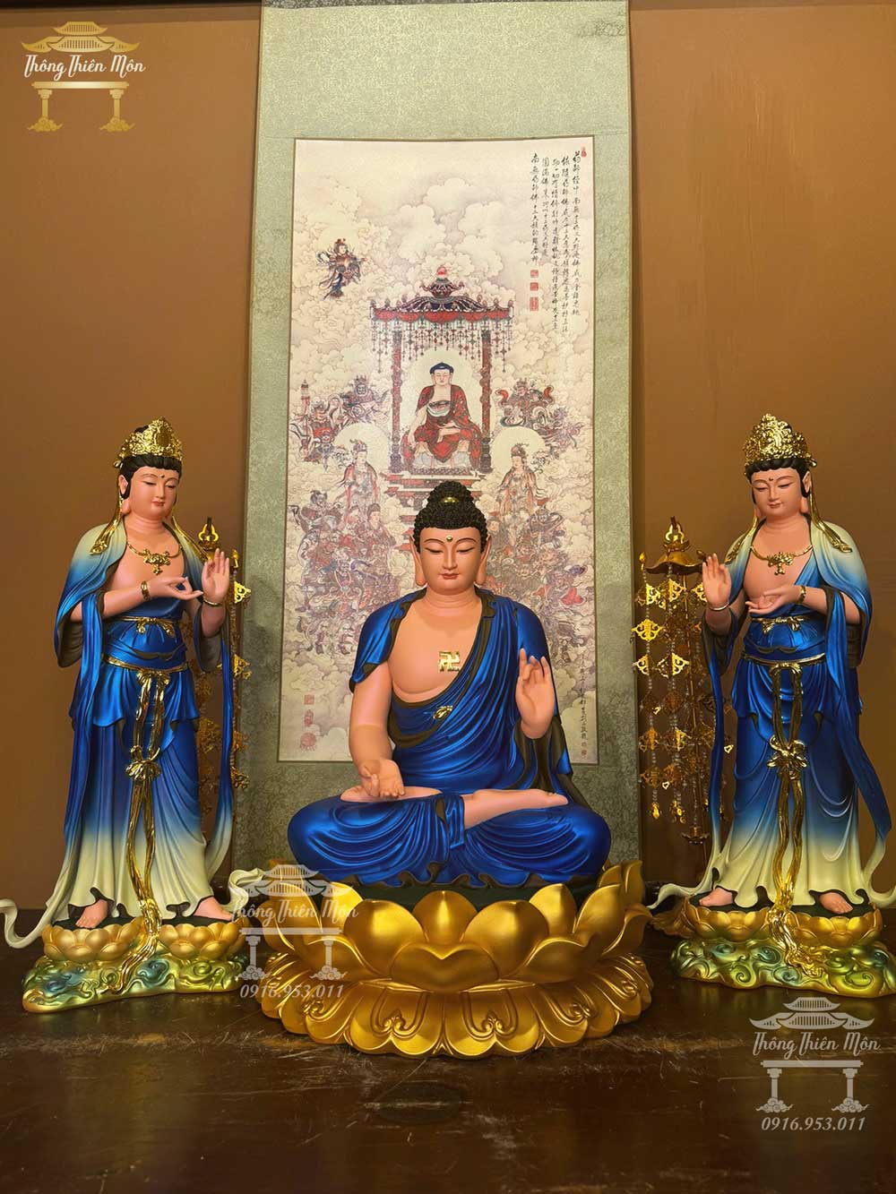 Tôn tượng Đông Phương Tam Thánh, Kích thước 55cm-50cm-55cm, Màu xanh dương