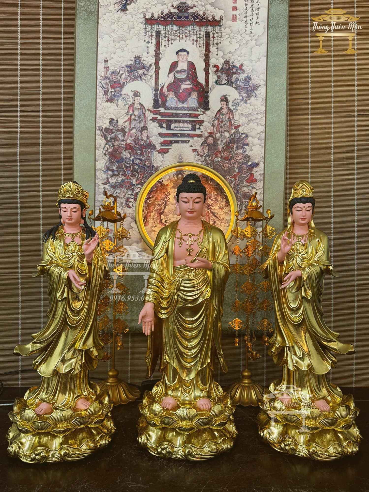 Tôn tượng Tây Phương Tam Thánh, Mạ vàng, Kích thước 50cm
