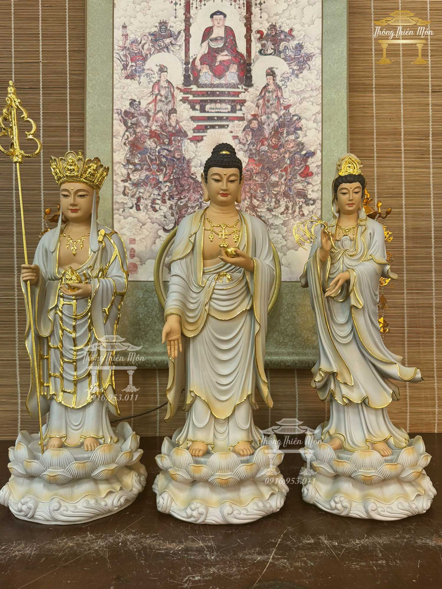 Tôn tượng Ta Bà Tam Thánh, Kích thước 50cm, Màu xám tà vàng