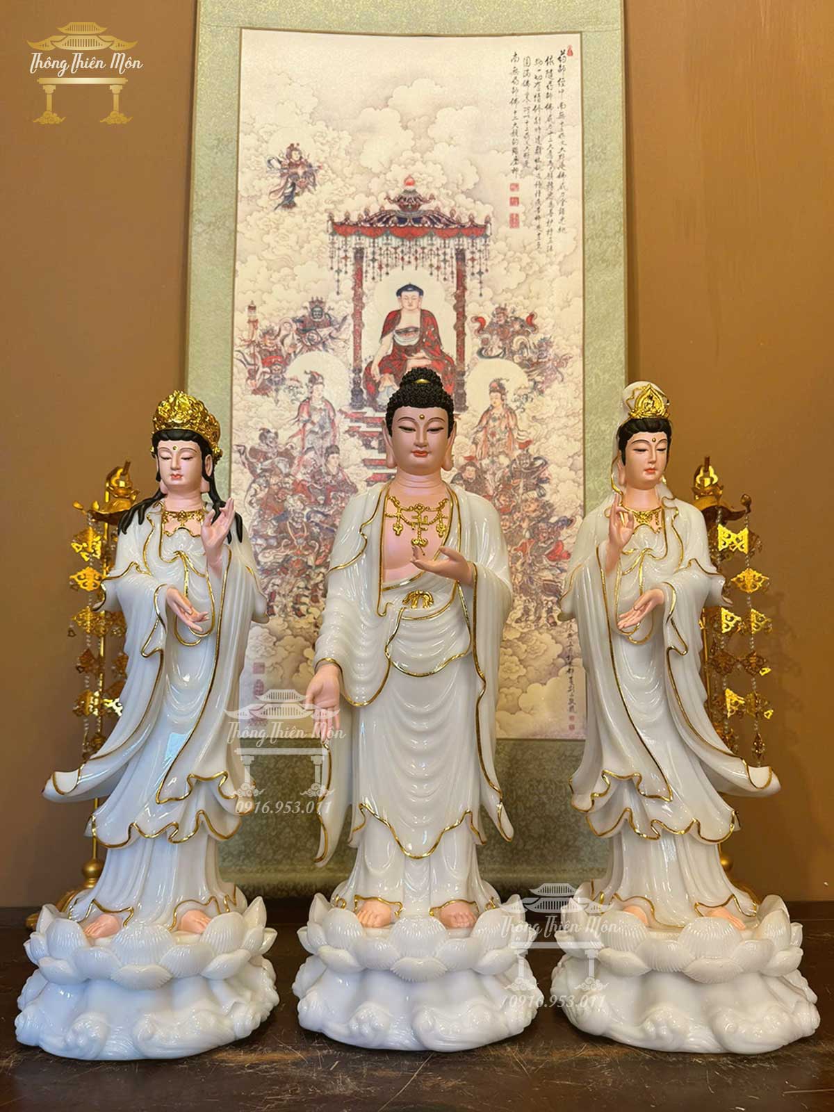 Tôn tượng Tây Phương Tam Thánh, Kích thước 50cm, Chất liệu Bột Bạch Ngọc
