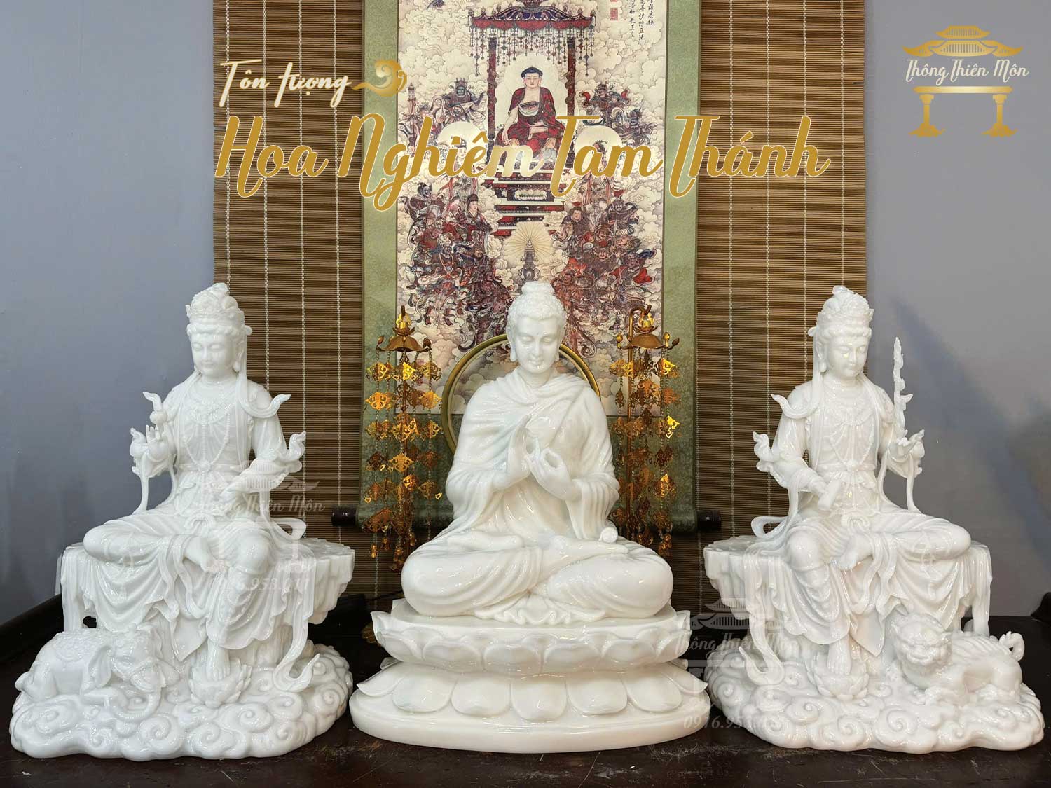 Tôn tượng Hoa Nghiêm Tam Thánh, Kích thước 48 - 50 - 48cm, Chất liệu Bột Bạch Ngọc
