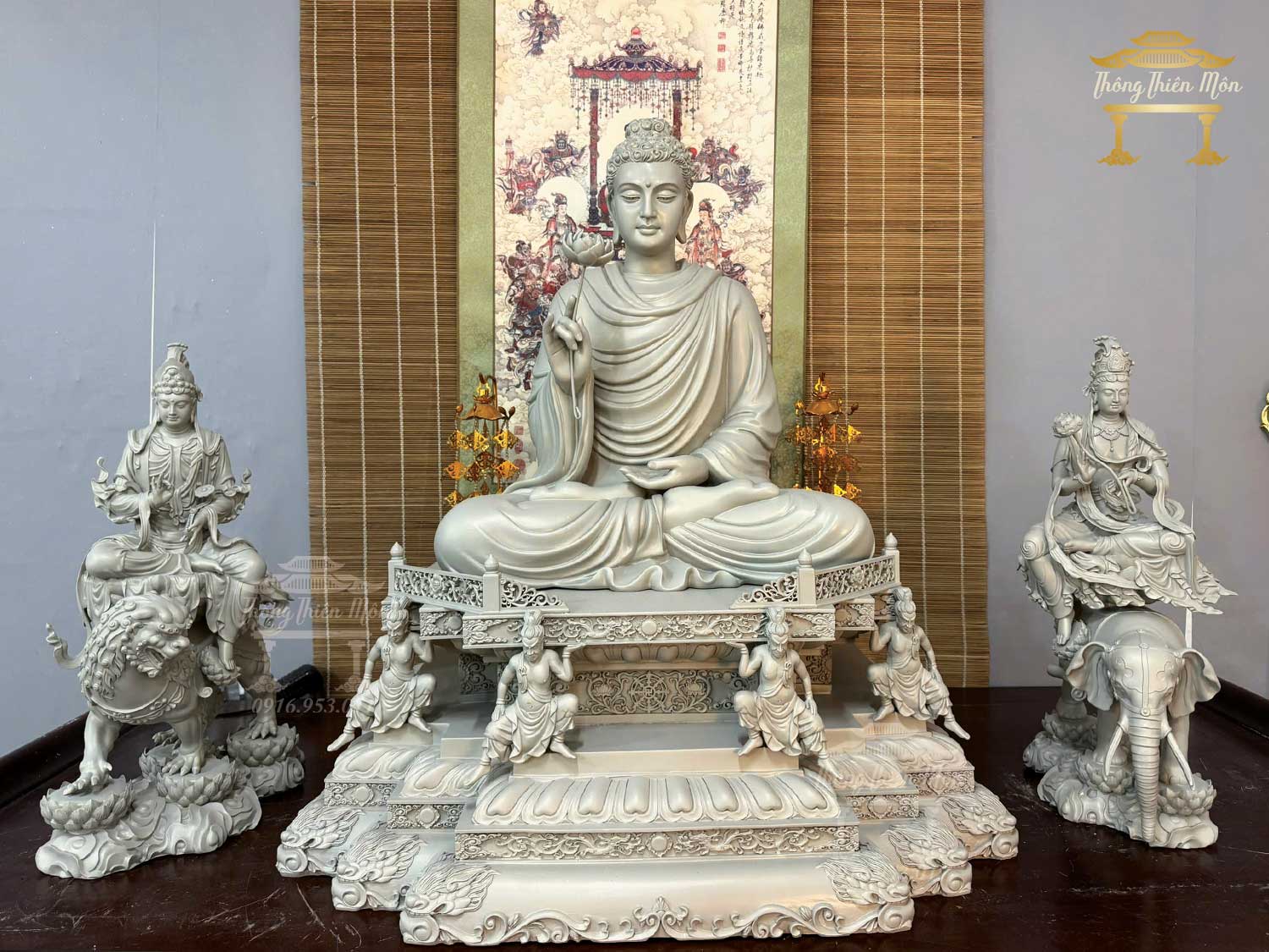 Tôn tượng Hoa Nghiêm Tam Thánh, Kích thước 50cm-75cm-50cm, Màu xám xi măng