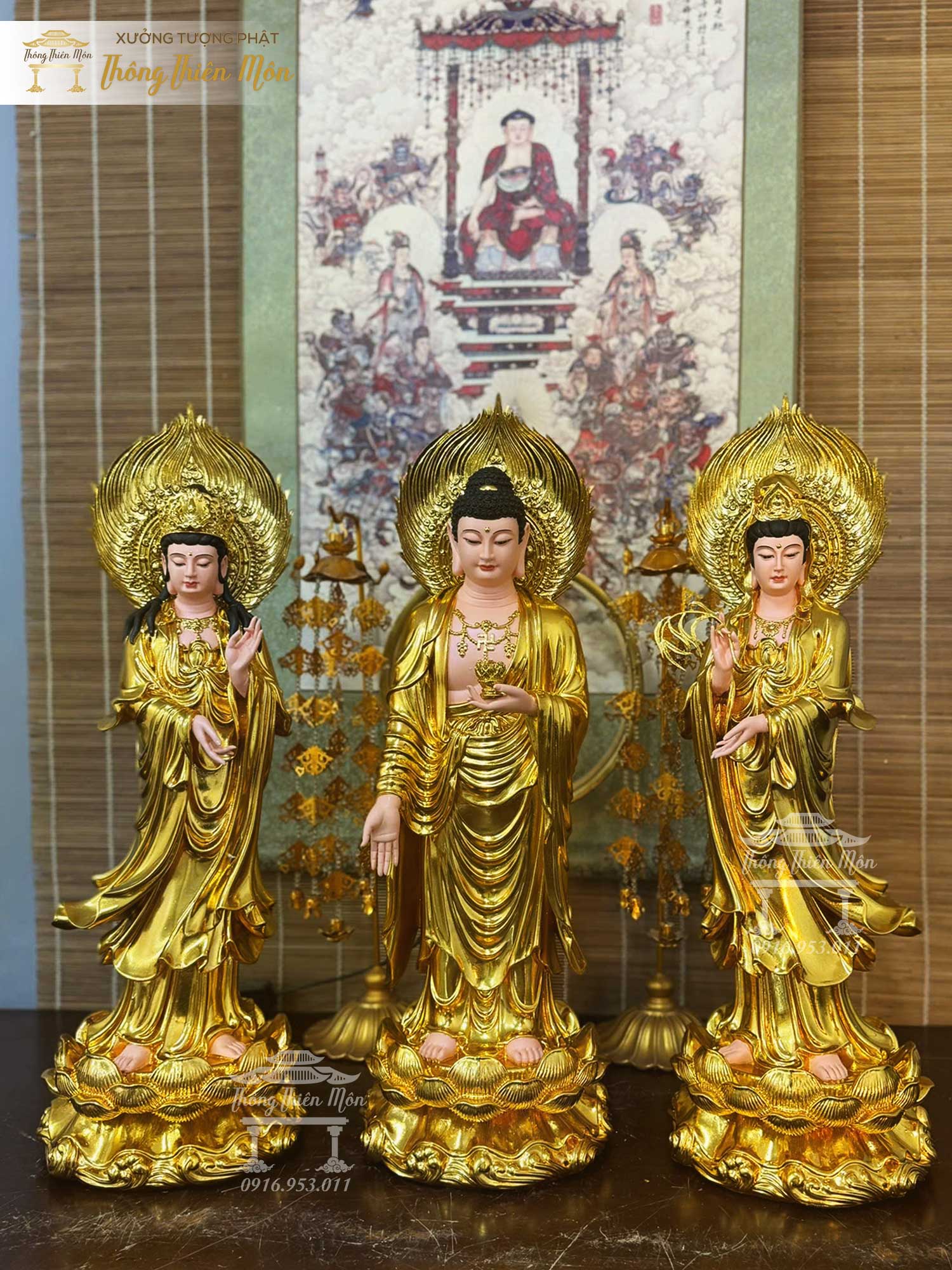 Tôn tượng Tây Phương Tam Thánh mạ vàng, Kích thước 50cm, Có lá đề