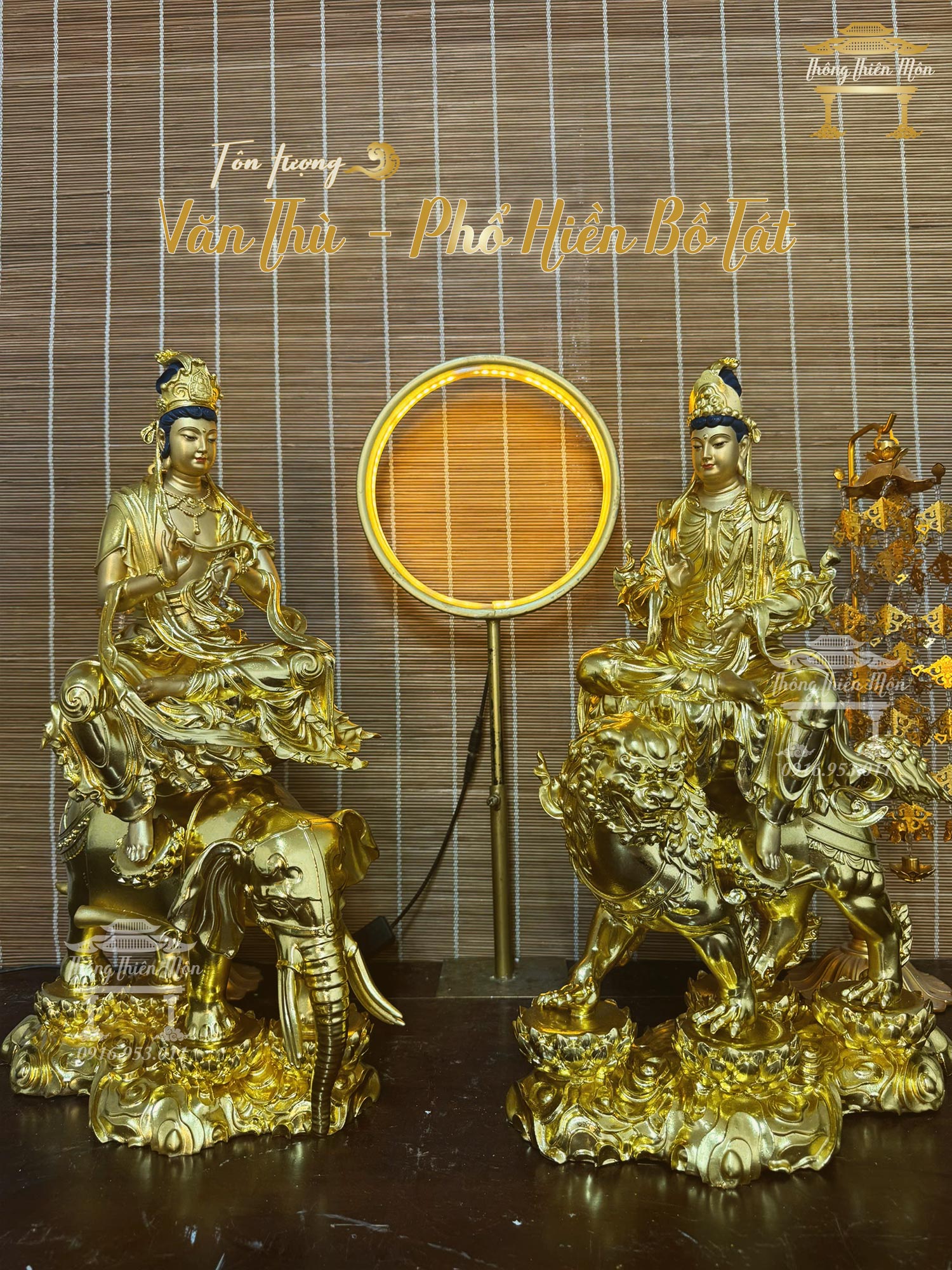 Tượng Văn Thù - Phổ Hiền Bồ Tát, Kích thước 50cm, Mạ vàng sơn da giả đồng