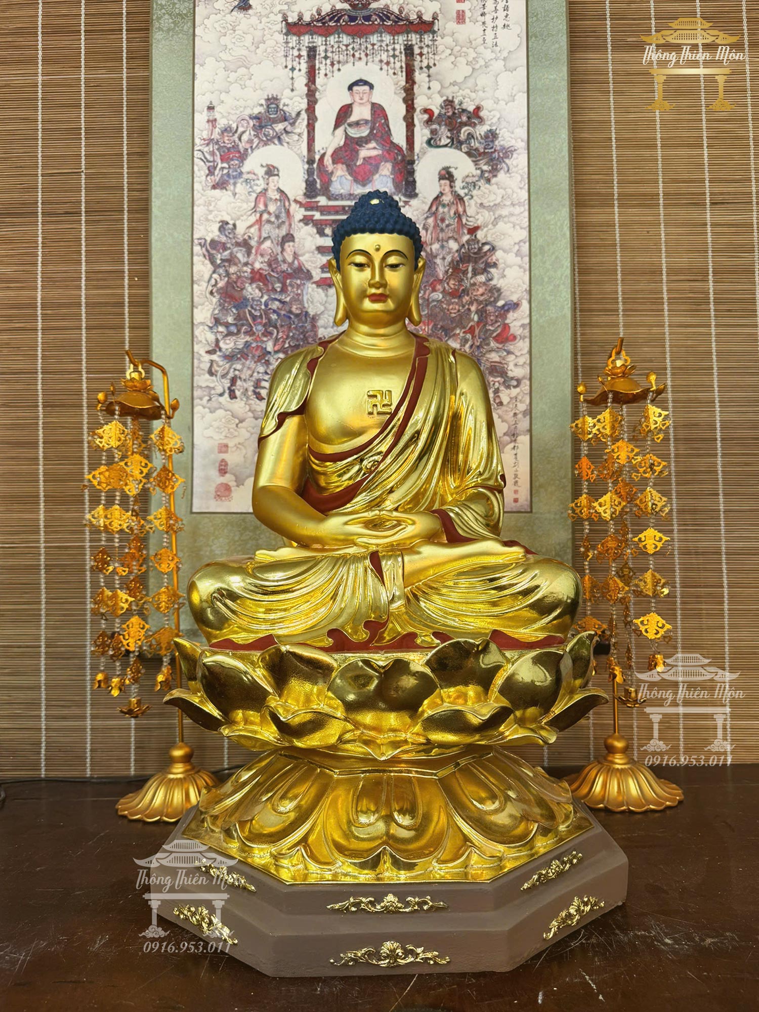 Tôn tượng A Di Đà, Mạ Vàng, Da đồng, Kích thước 60cm