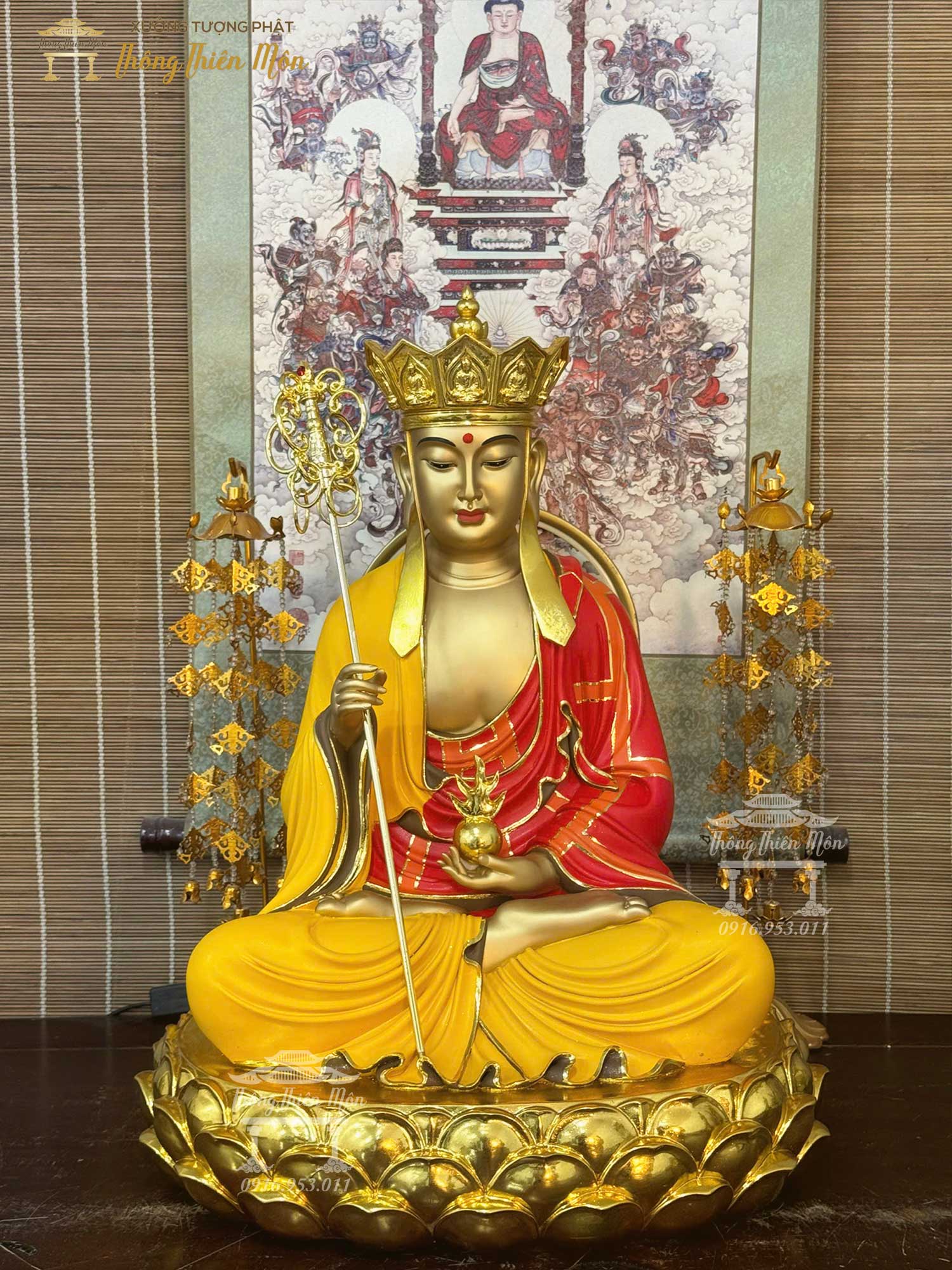 Tôn tượng Địa Tạng Bồ Tát, Kích thước 60cm, Phối màu + Mạ vàng