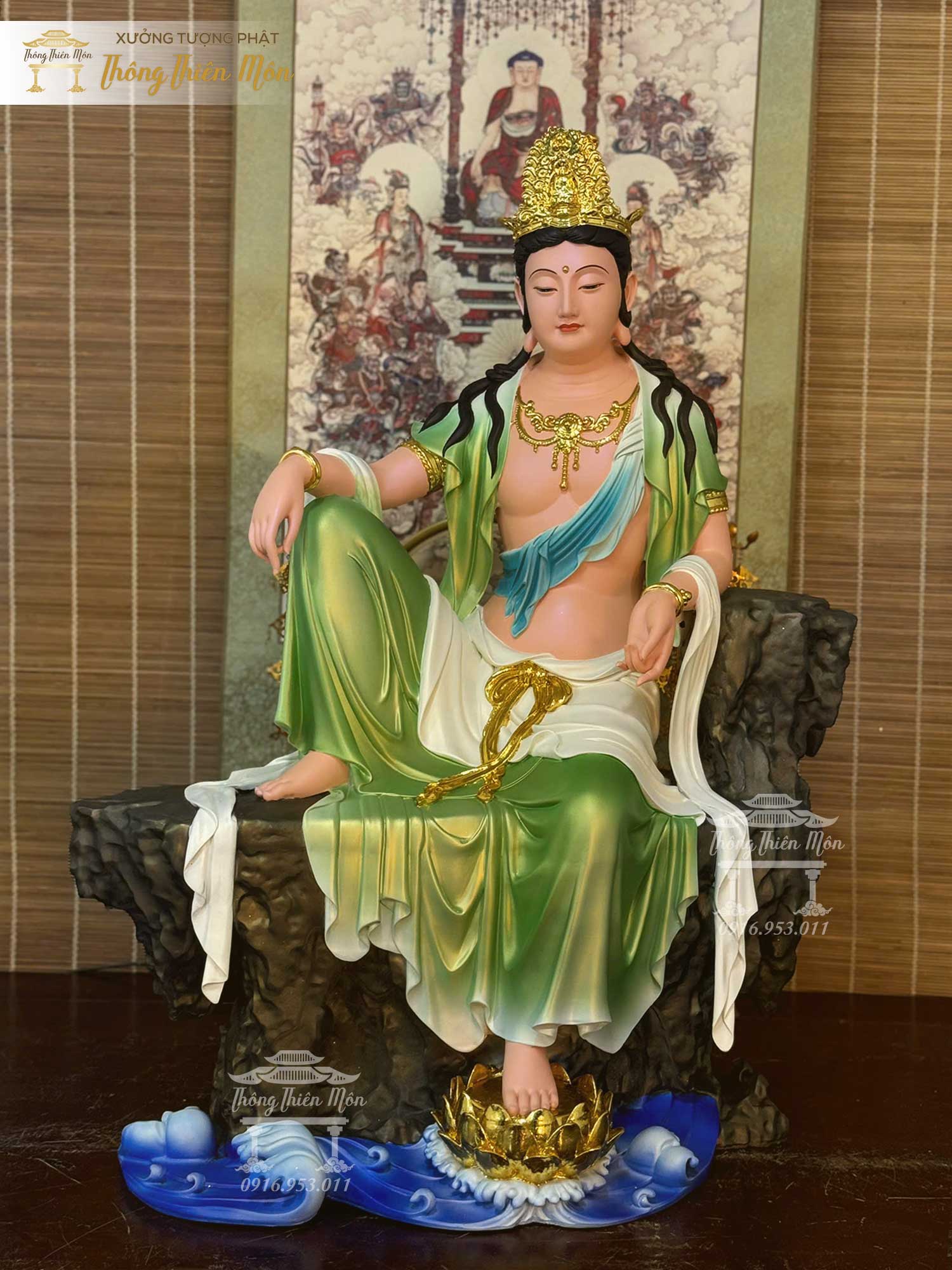Tôn tượng Quan Âm Tự Tại, Kích thước 68cm, Phối xanh lá