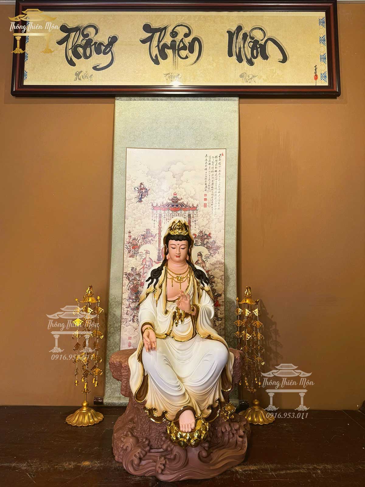 Tôn tượng Quan Âm Tự Tại, Kích thước 68cm, Trắng tà vàng