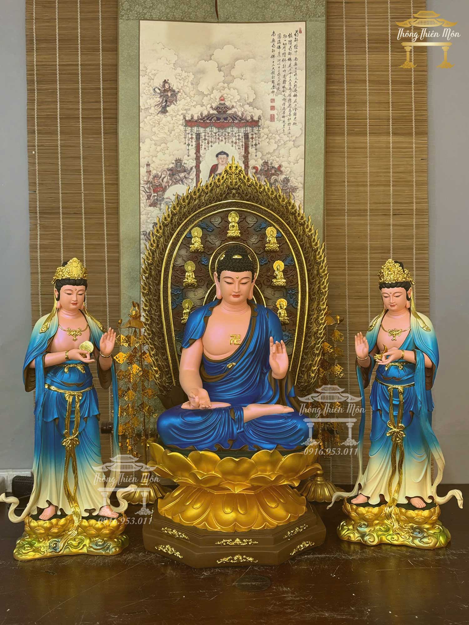 Tôn tượng Đông Phương Tam Thánh, Kích thước 55 - 70 - 55cm, Phối xanh dương