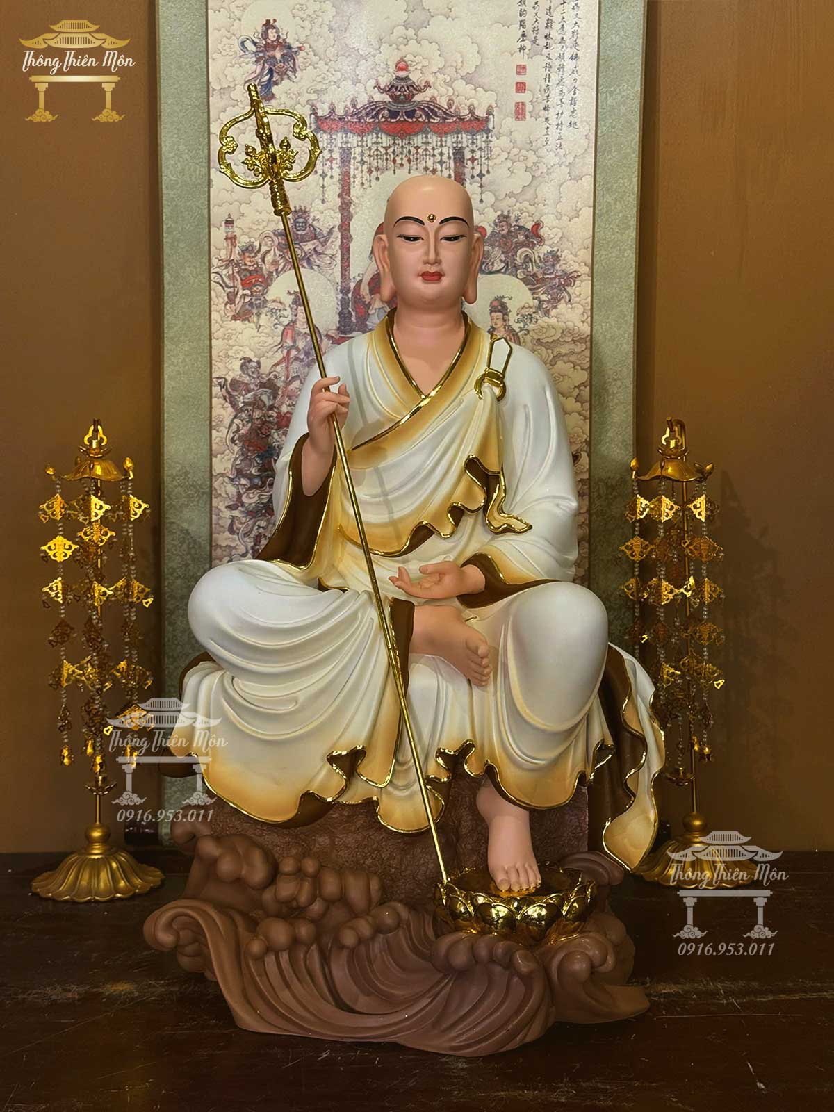 Tôn tượng Địa Tạng Tự Tại, Kích thước 68cm, Trắng tà vàng