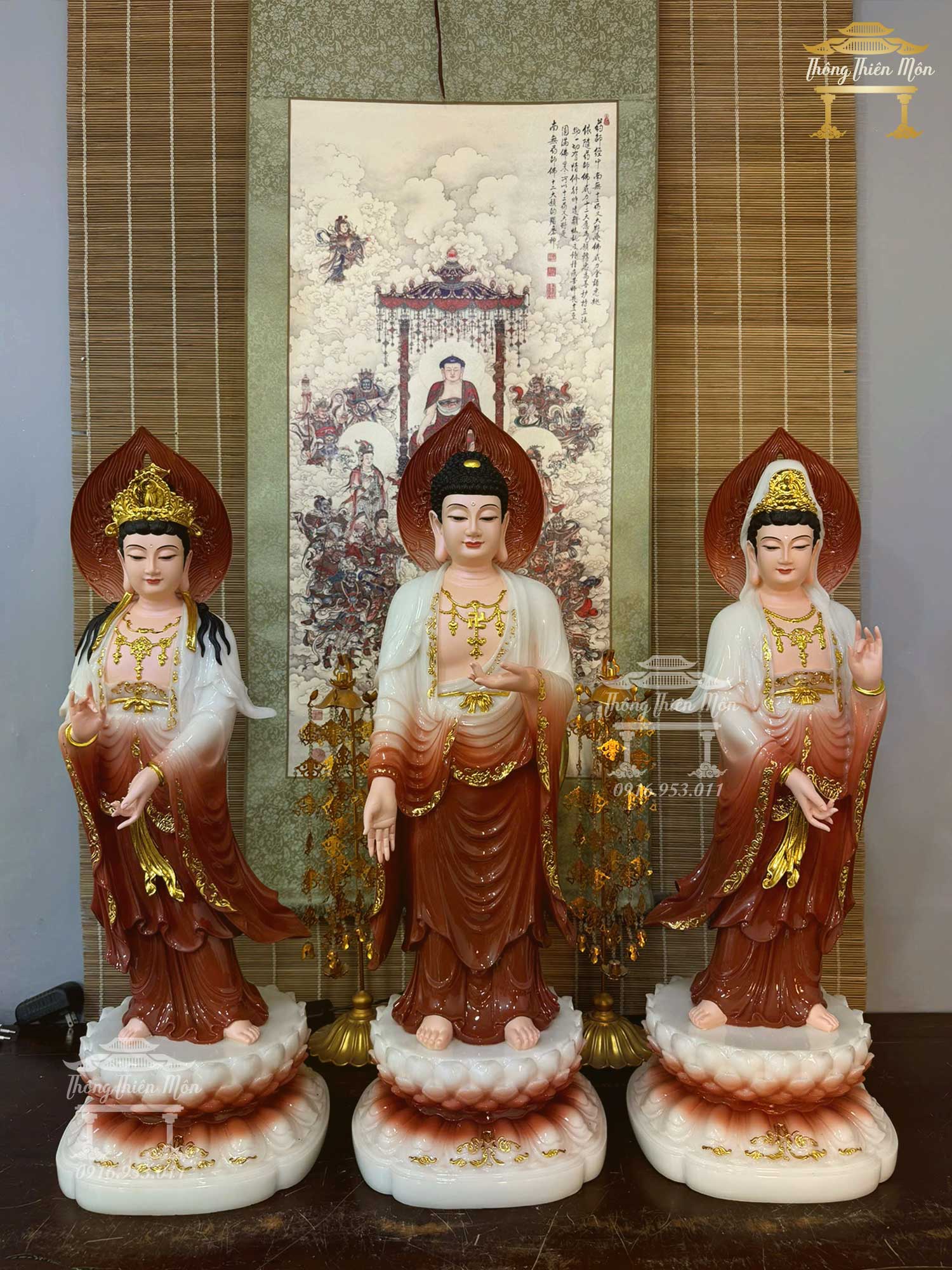 Tôn tượng Tây Phương Tam Thánh, Chât liệu Bột ngọc, Kích thước 70cm, Phối màu đỏ