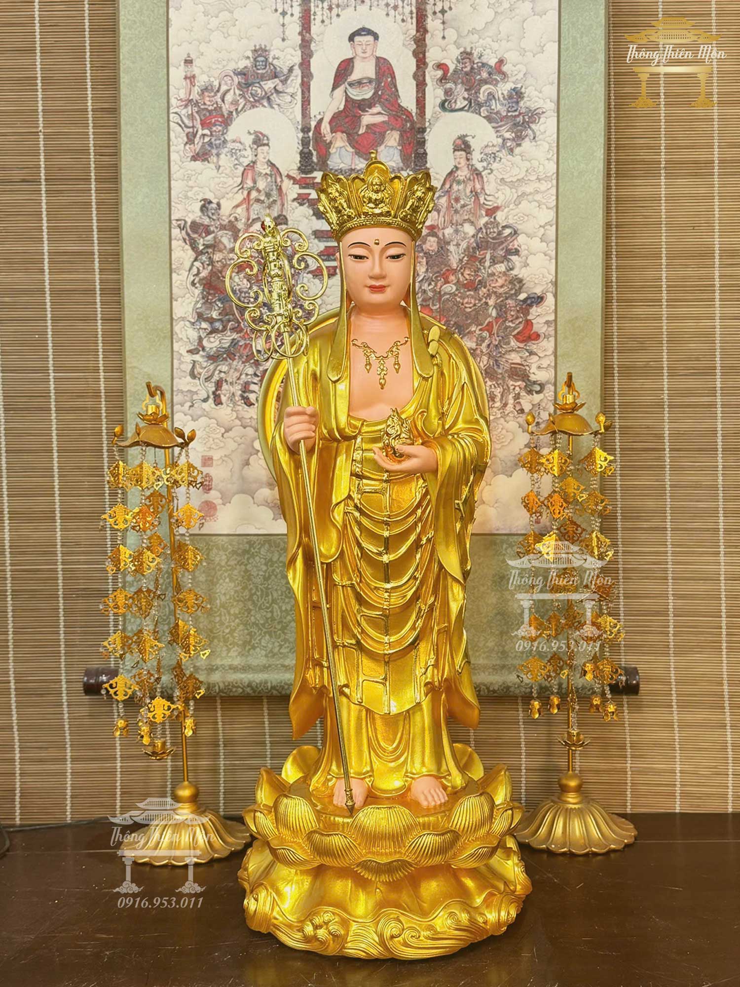 Tôn tượng Địa Tạng Bồ Tát, Màu nhũ vàng, Kích thước 70cm