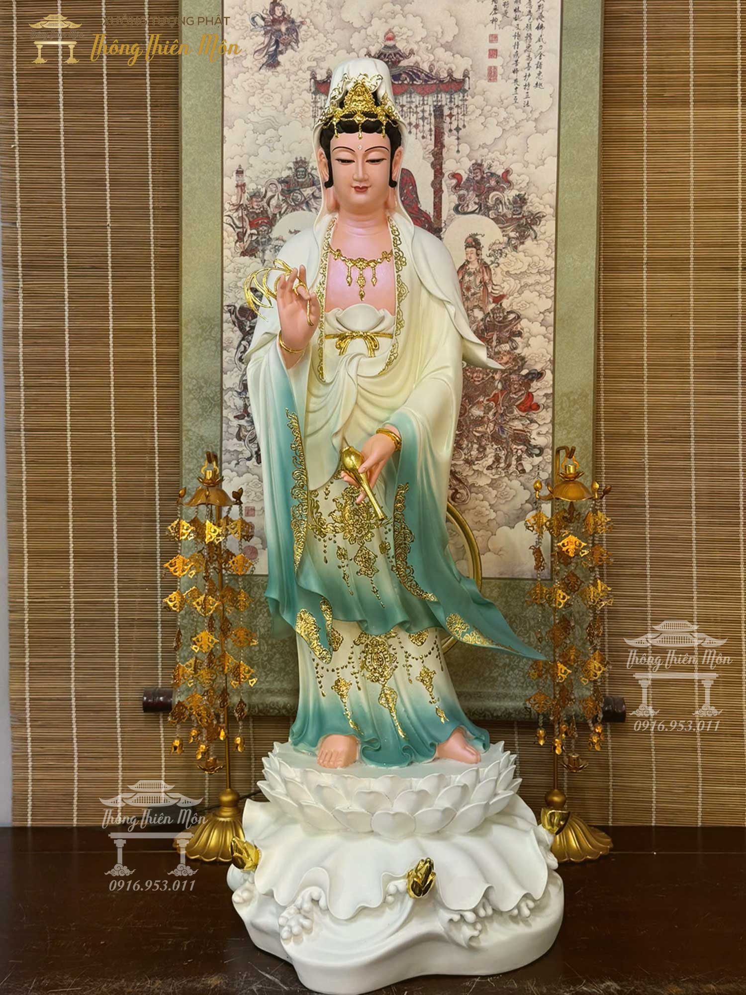 Tôn tượng Quan Âm Bồ Tát, Kích thước 90cm, Phối màu xanh