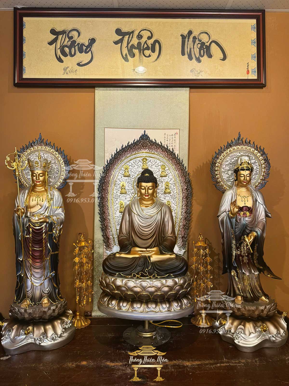 Tôn tượng Ta Bà Tam Thánh, Kích thước 100cm-90cm-100cm, Phối màu bạc