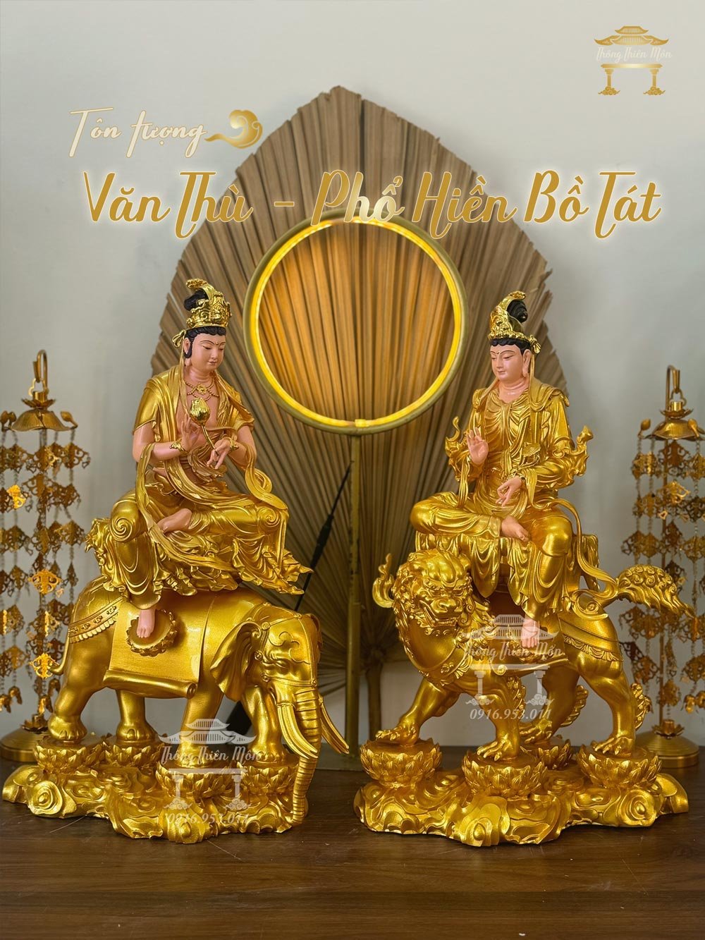 Tôn tượng Văn Thù - Phổ Hiền Bồ Tát - 50cm - Màu vàng nhũ