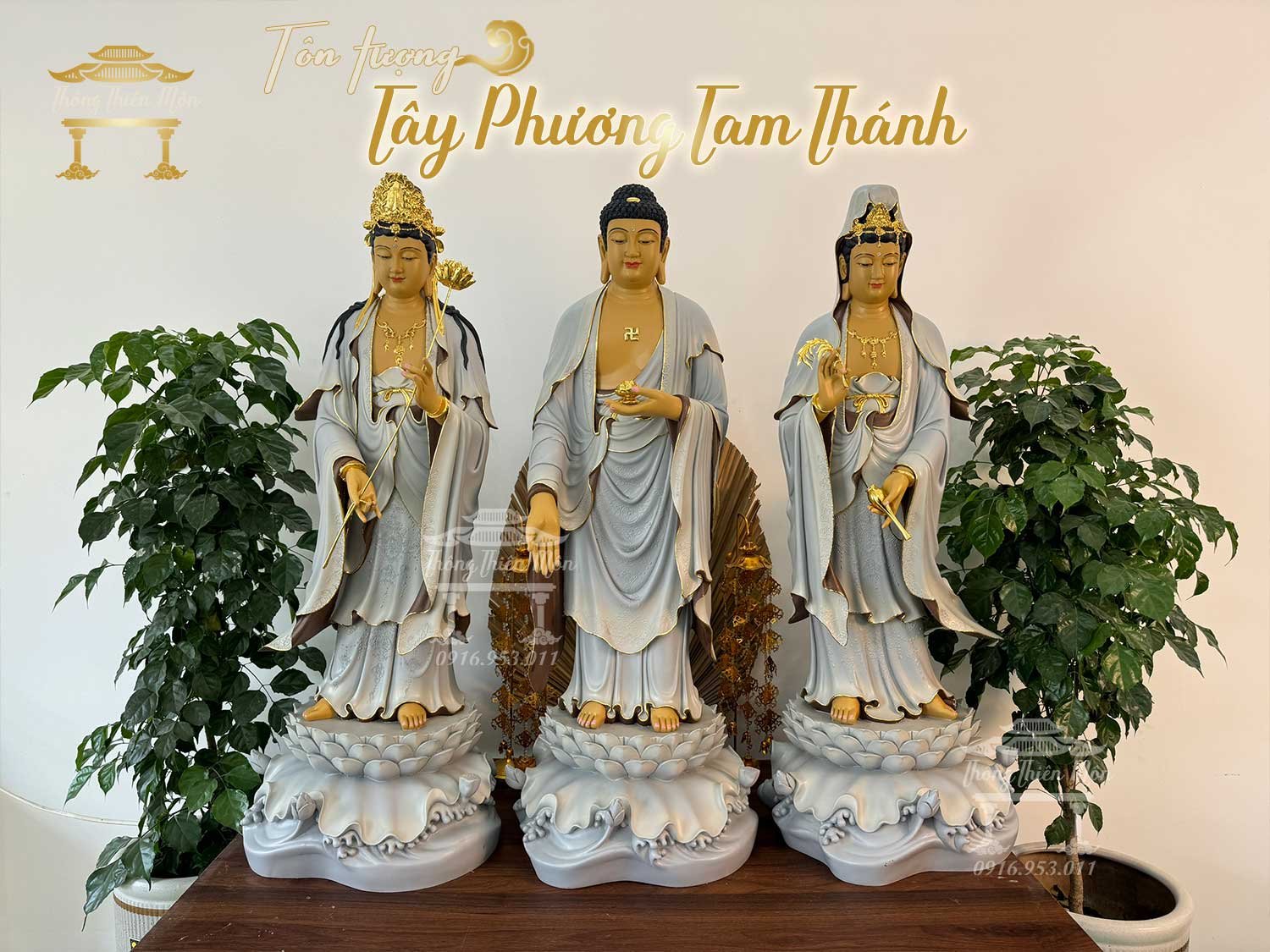 Tôn tượng Tây Phương Tam Thánh - Kích thước 90cm - Màu xám - đường viền nhũ vàng