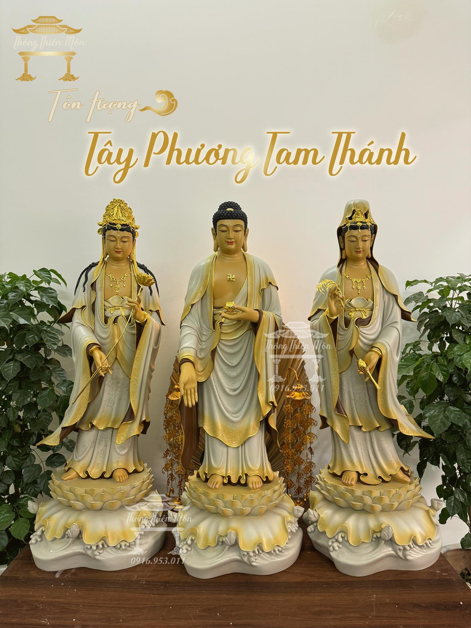 Tôn tượng Tây Phương Tam Thánh - Kích thước 90cm - Màu xám độc quyền - Đường viền mạ vàng
