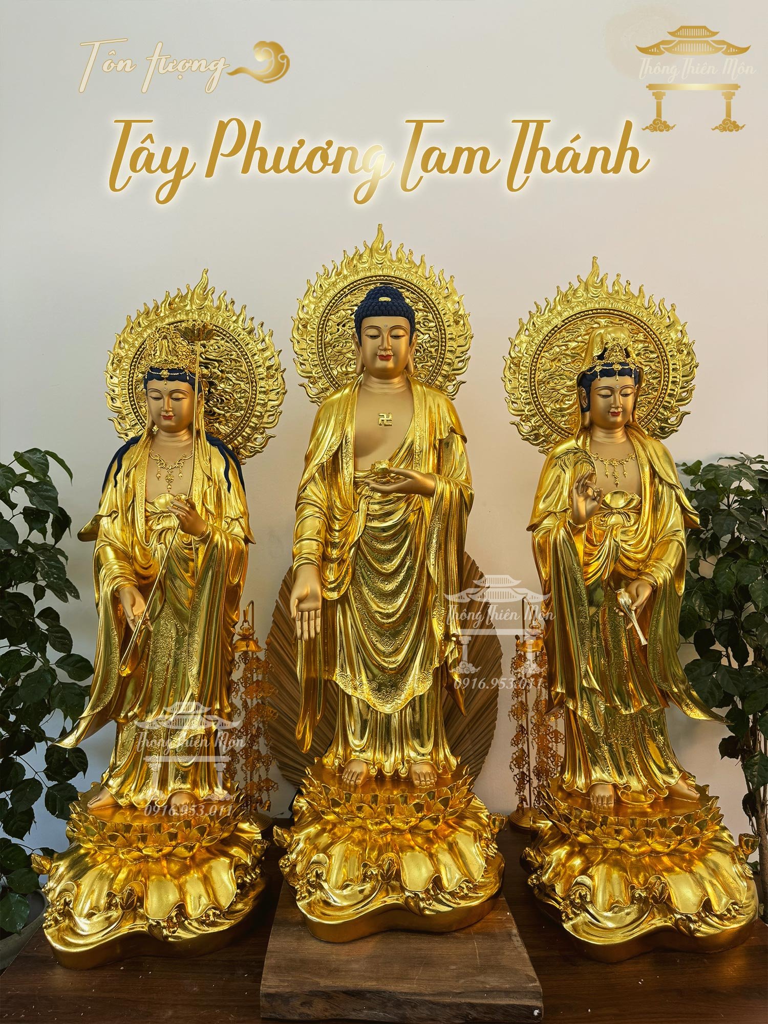 Tôn tượng Tây Phương Tam Thánh - Kích thước 100cm - Có hào quang