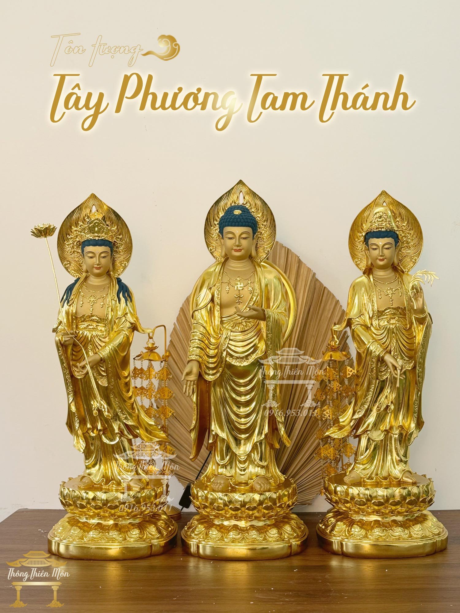 Tượng Tây Phương Tam Thánh, Kích thước 70cm, Mạ vàng