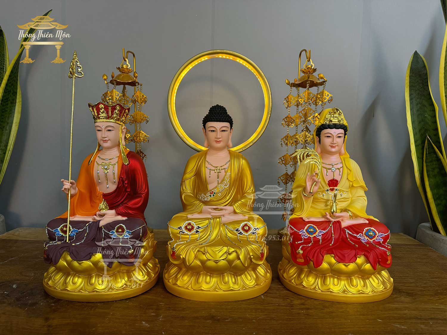 Tượng Ta Bà Tam Thánh hoa văn, Phối màu, Kích thước 30cm 