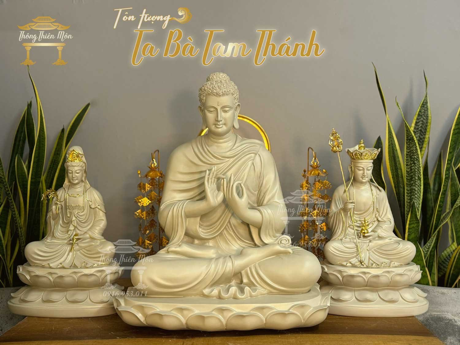 Tượng Ta Bà Tam Thánh, Kích thước 45-70-45cm, sơn xám