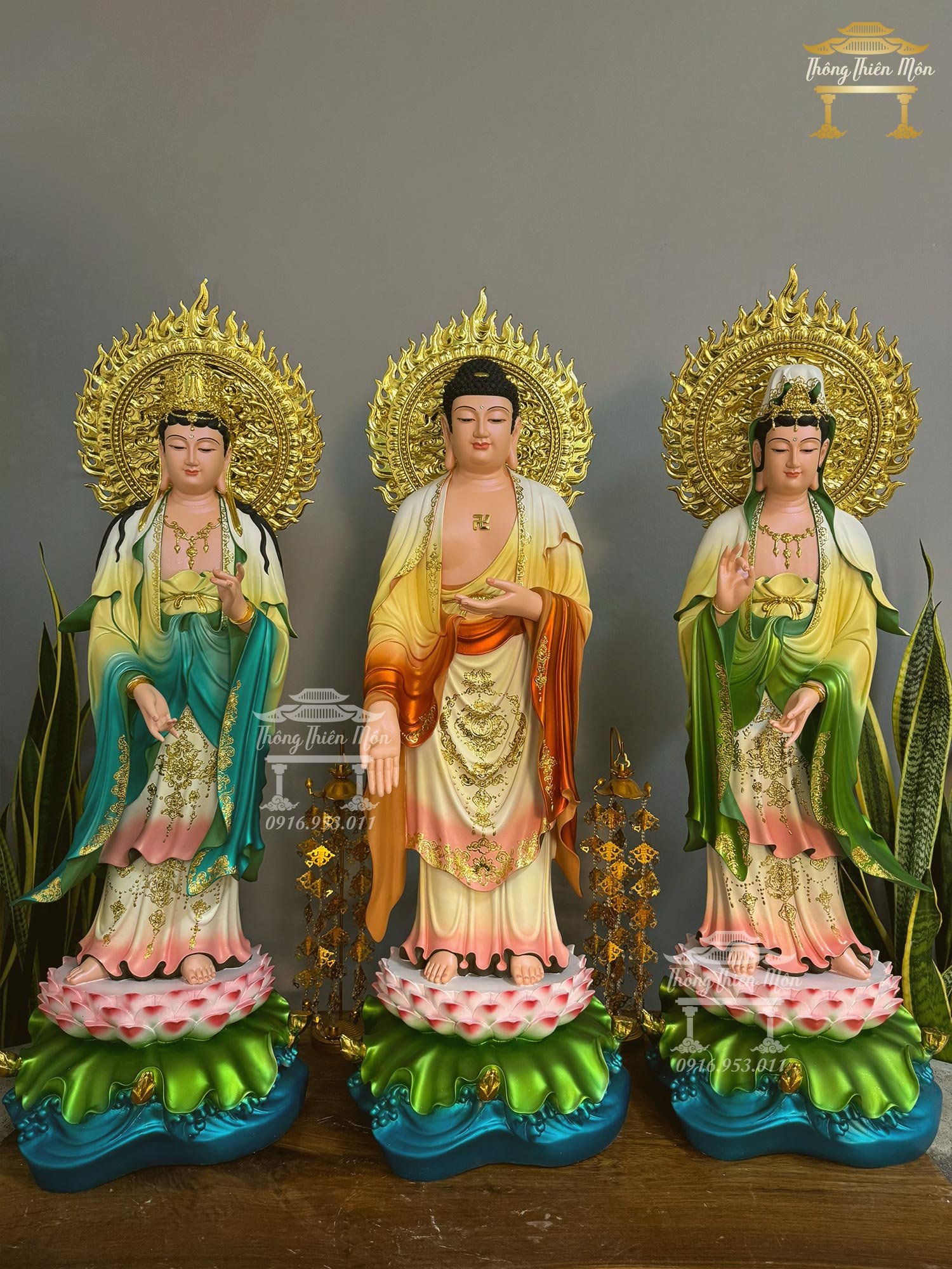 Tượng Tây Phương Tam Thánh, Có hào quang, Kích thước 100cm, Sơn phối màu khoáng