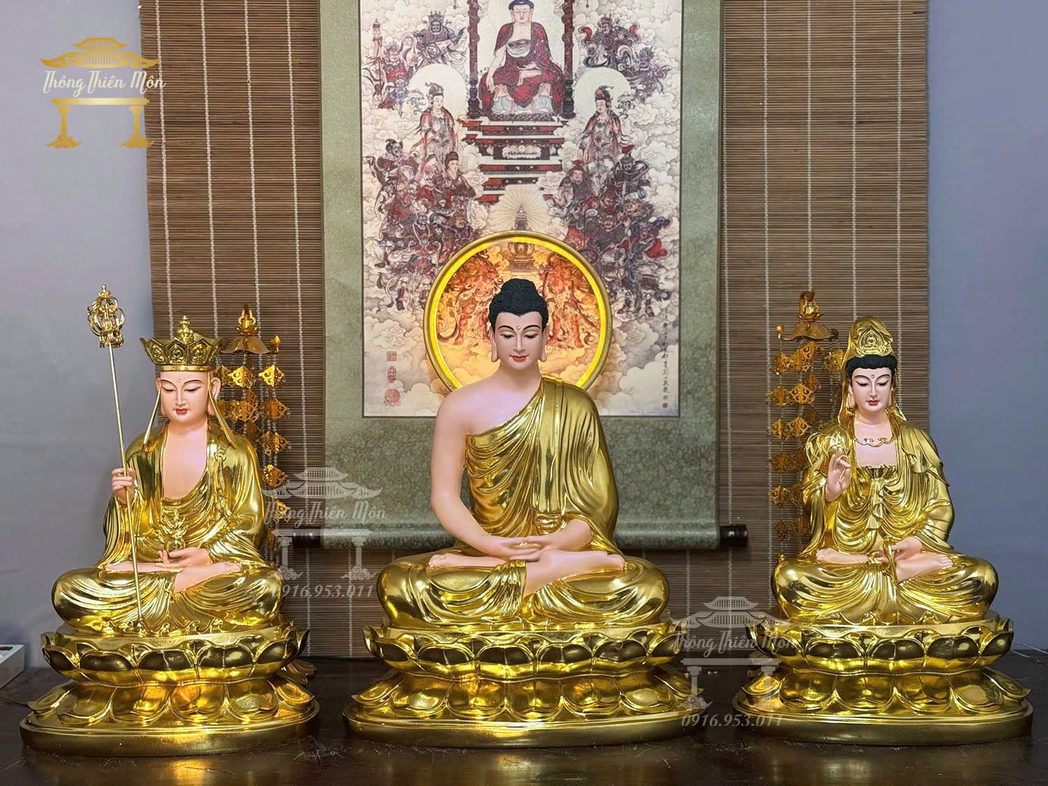 Tôn tượng Ta Bà Tam Thánh - Cao 45-50-45cm - Mạ vàng, da hồng