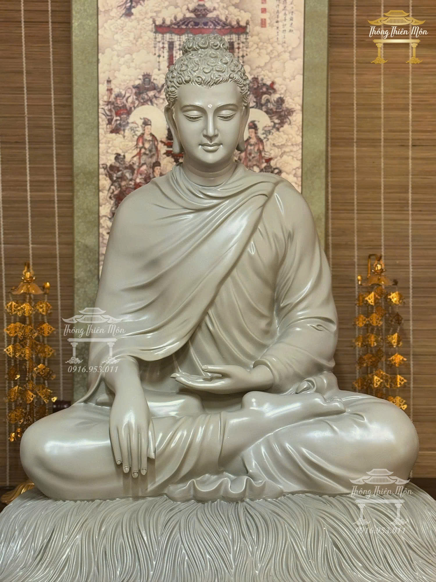 Tôn tượng Bổn Sư Thích Ca Ấn Địa Xúc, Màu xám xi măng, Kích thước 85cm