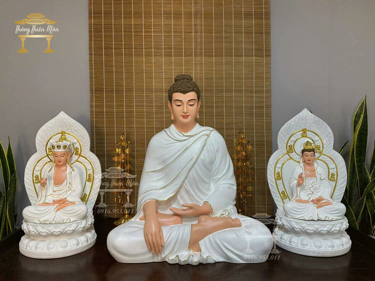 Tôn tượng Ta Bà Tam Thánh, Kích thước 60 - 75 - 60cm, Màu trắng viền vàng