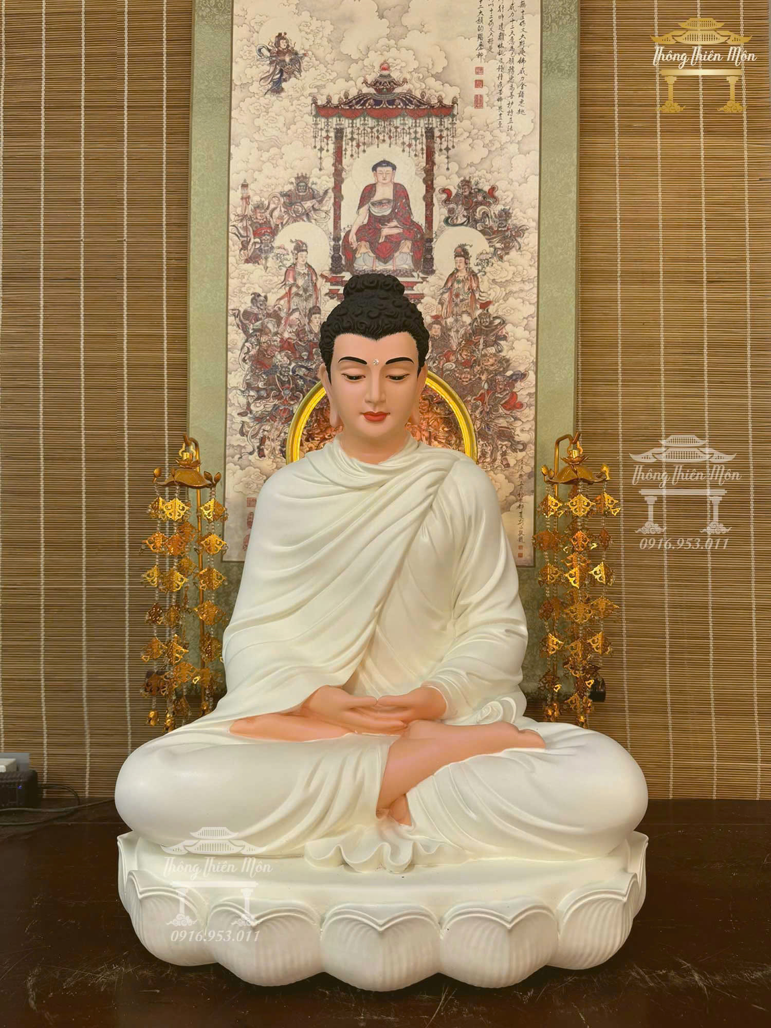 Tôn tượng Bổn Sư Thiền Định, Màu trắng, Đế sen 1 tầng