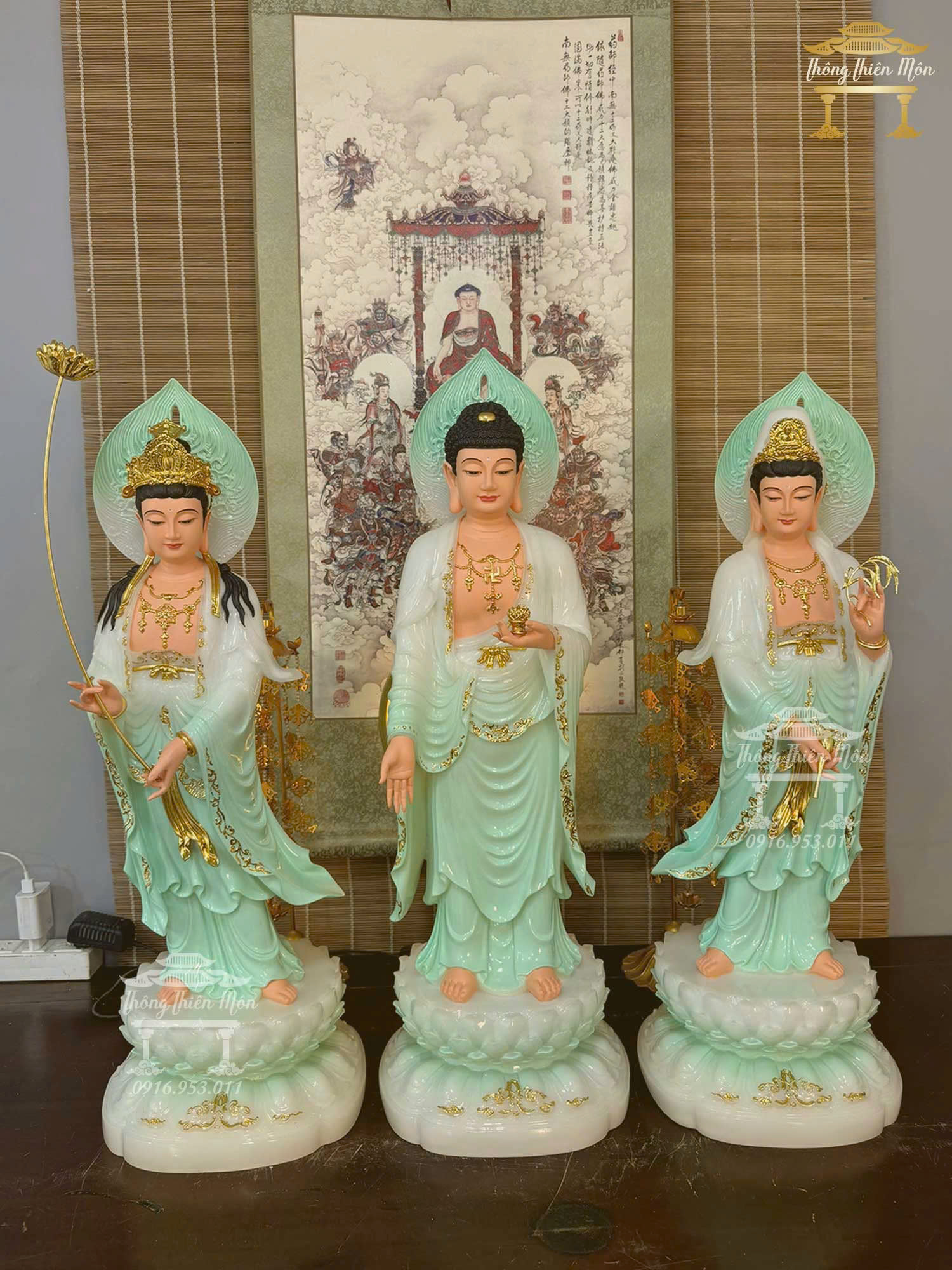 Tôn tượng Tây Phương Tam Thánh, Xanh Ngọc Bích, Kích thước 70cm