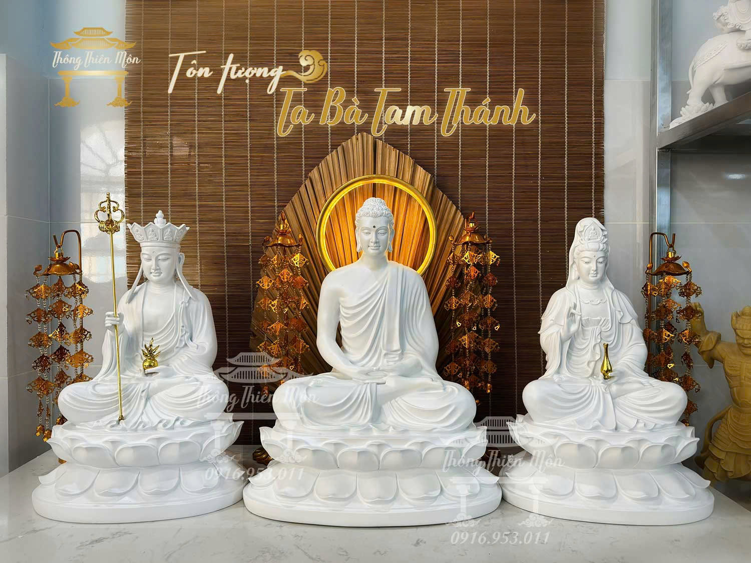 Tôn tượng Ta Bà Tam Thánh, Kích thước 45 - 50 - 45cm, Màu trắng toàn bộ
