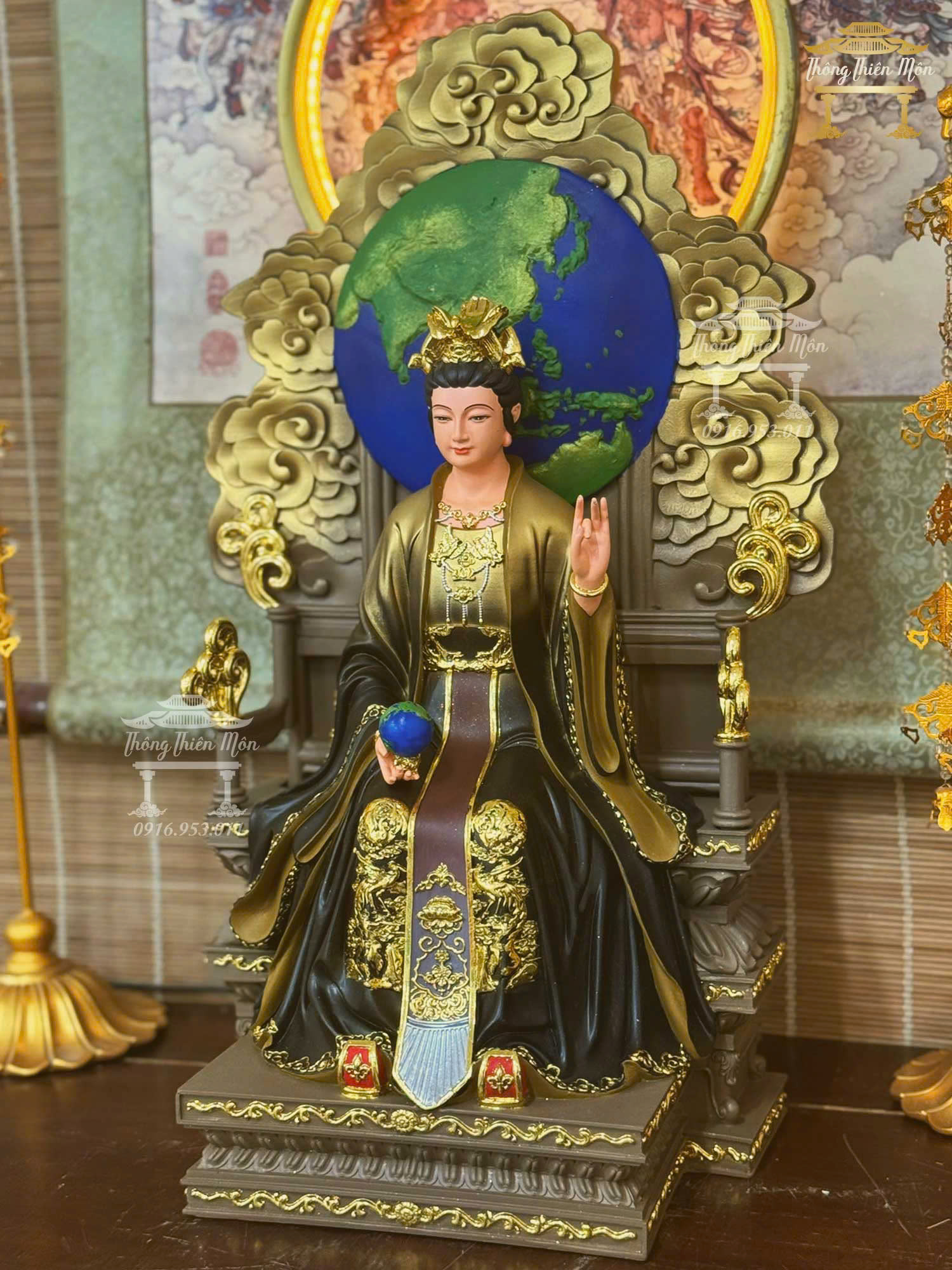 Tôn tượng Địa Mẫu ngồi, Kích thước 50cm, Phối màu nâu đen