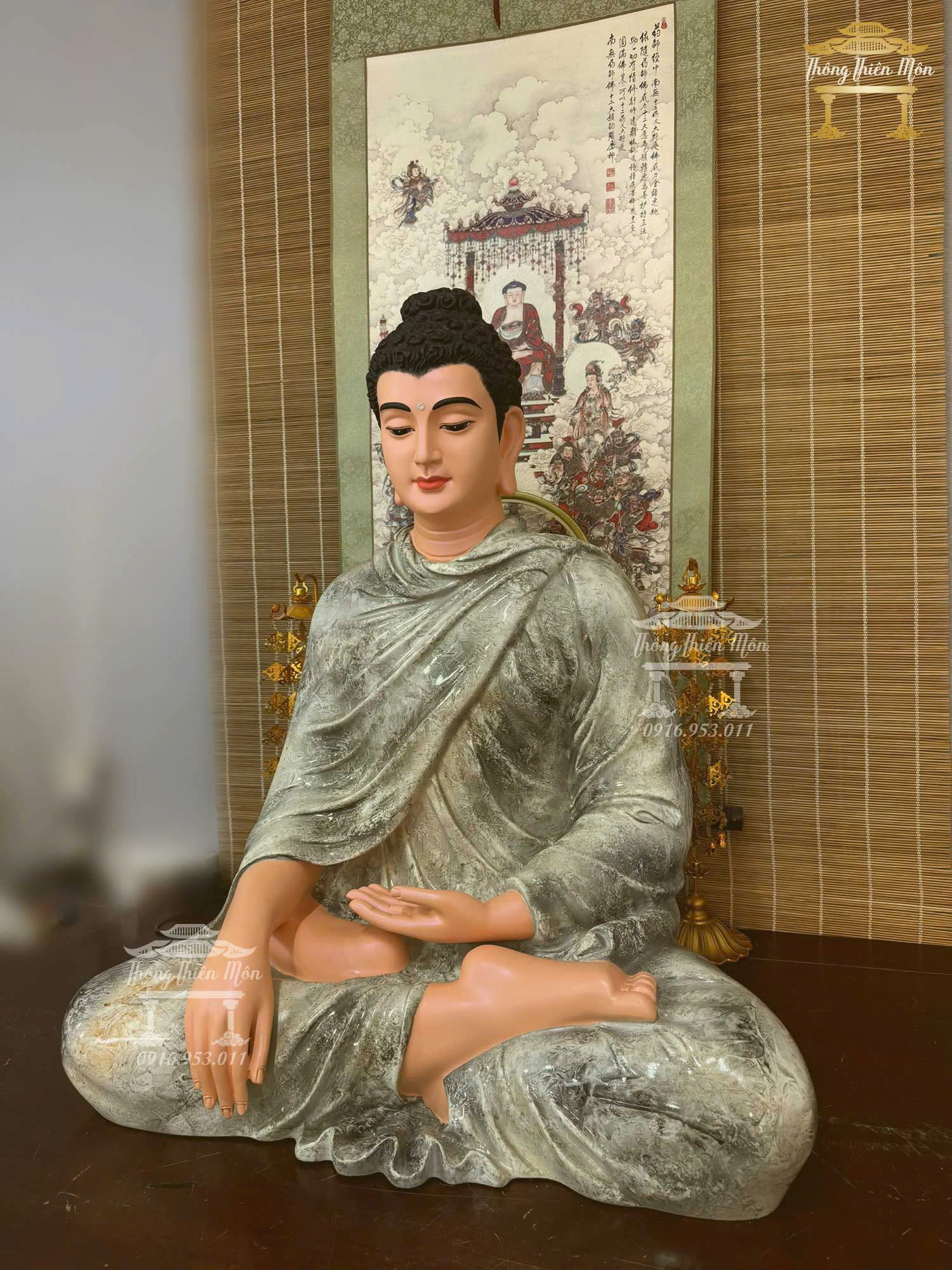 Kim thân Tôn tượng Bổn Sư Ấn Địa Xúc, Kích thước 75cm, Màu cẩm thạch