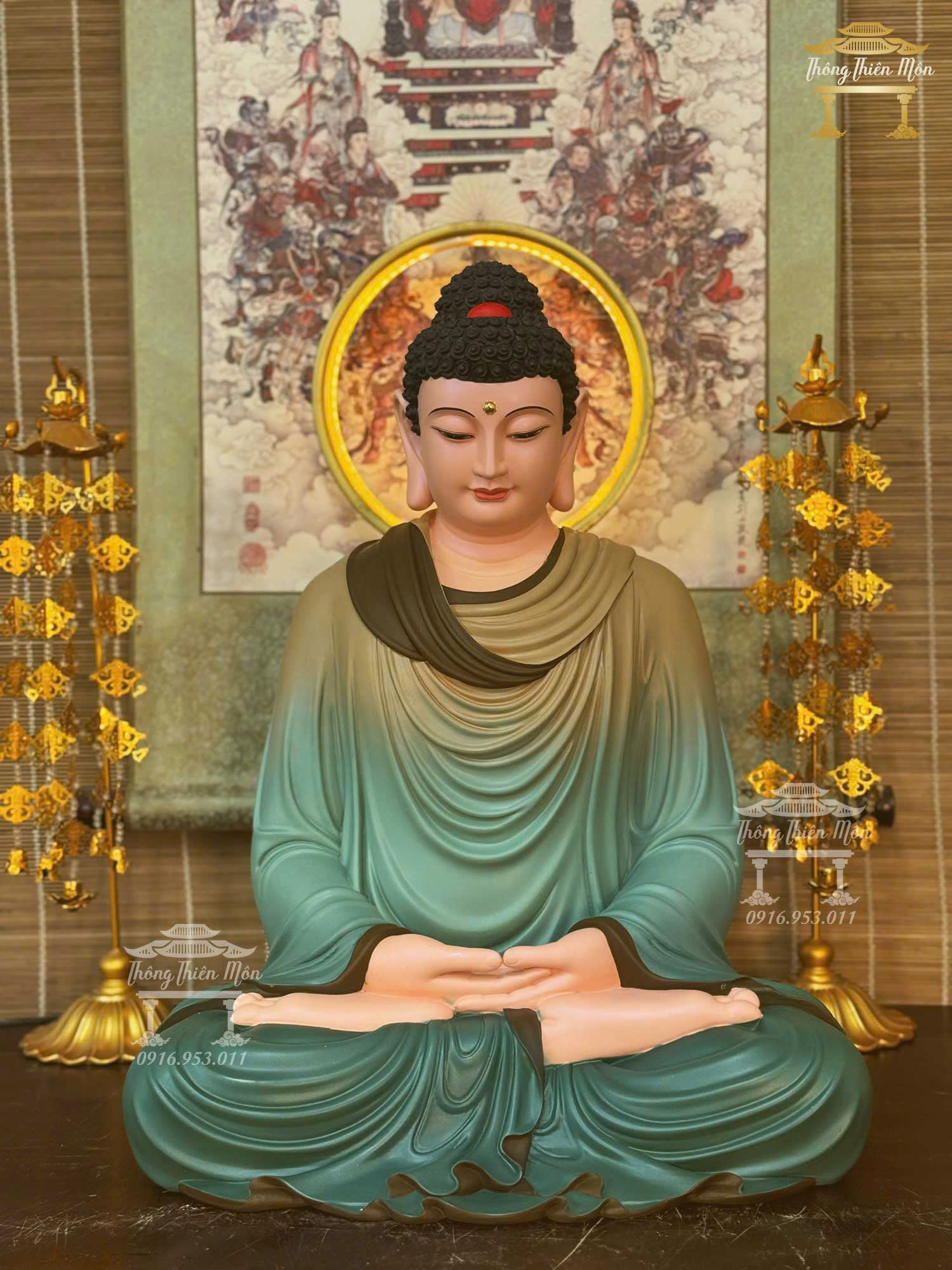 Kim thân tôn tượng Bổn Sư Thiền Định, Kích thước 52cm, Màu xanh