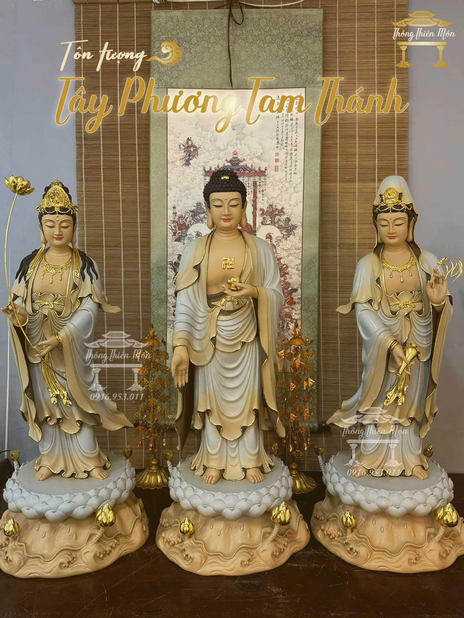 Tôn tượng Tây Phương Tam Thánh, Sơn xám tà vàng, Kích thước 90cm 