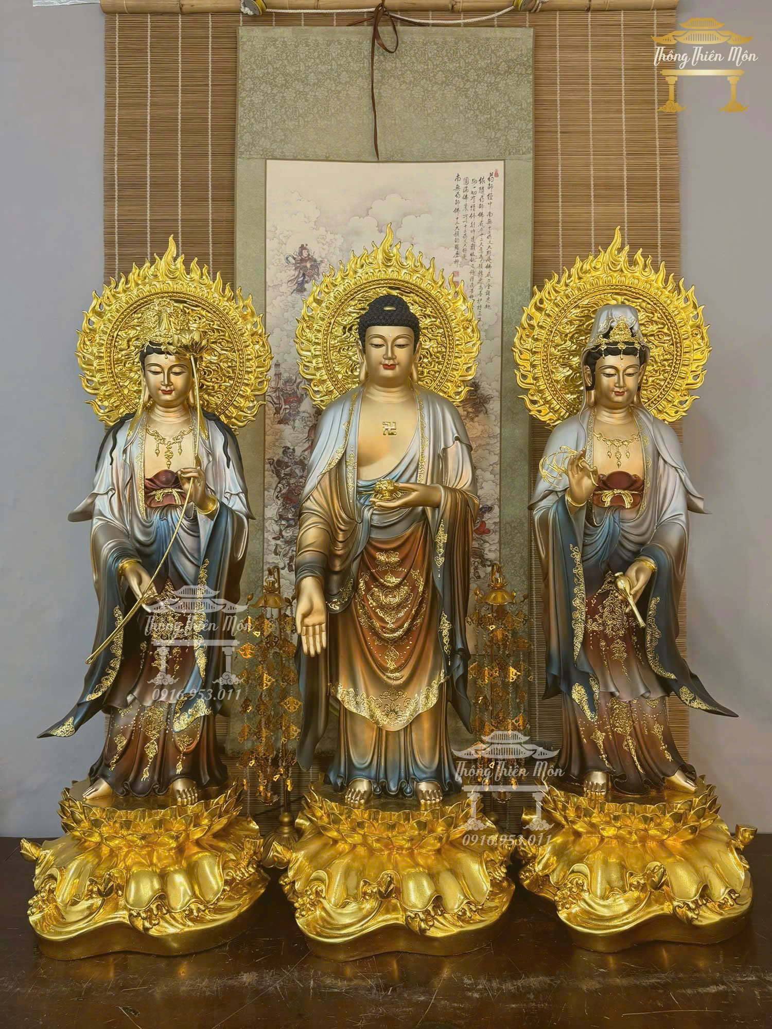 Tôn tượng Tây Phương Tam Thánh, Sơn phối màu đồng, Kích thước 100cm 