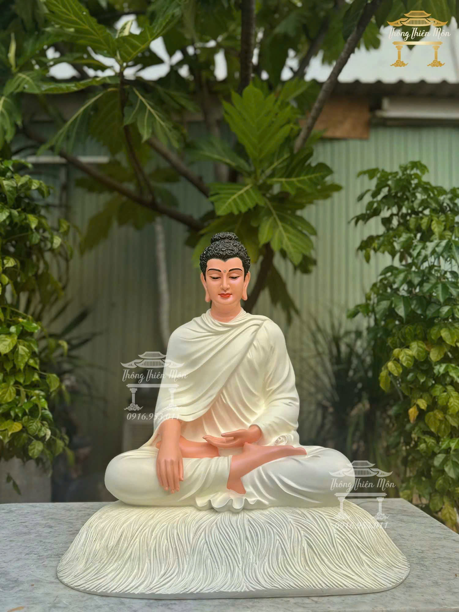 Tôn tượng Bổn Sư Ấn Địa Xúc đế rơm, Kích thước 60cm, Màu trắng da hồng