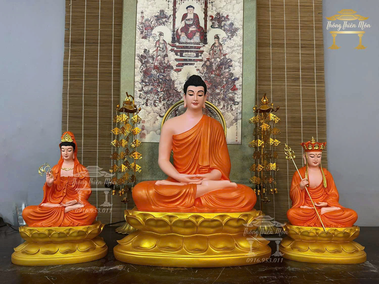 Tôn tượng Ta Bà Tam Thánh, Kích thước 30 - 50 - 30cm, Y cam, đế sen vàng nhũ