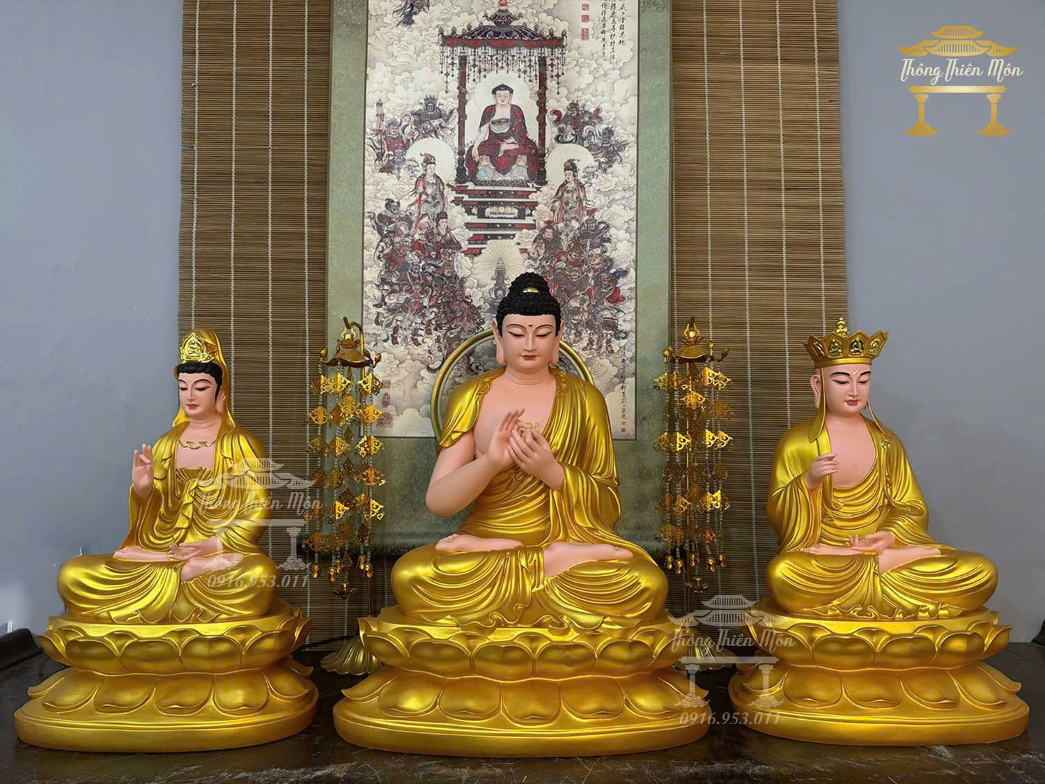 Tôn tượng Ta Bà Tam Thánh, Kích thước 45 - 50 - 45cm, Màu nhũ vàng