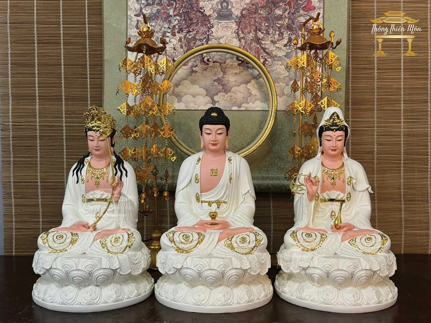 Tôn tượng Tây Phương Tam Thánh ngồi, Kích thước 30cm, Màu trắng